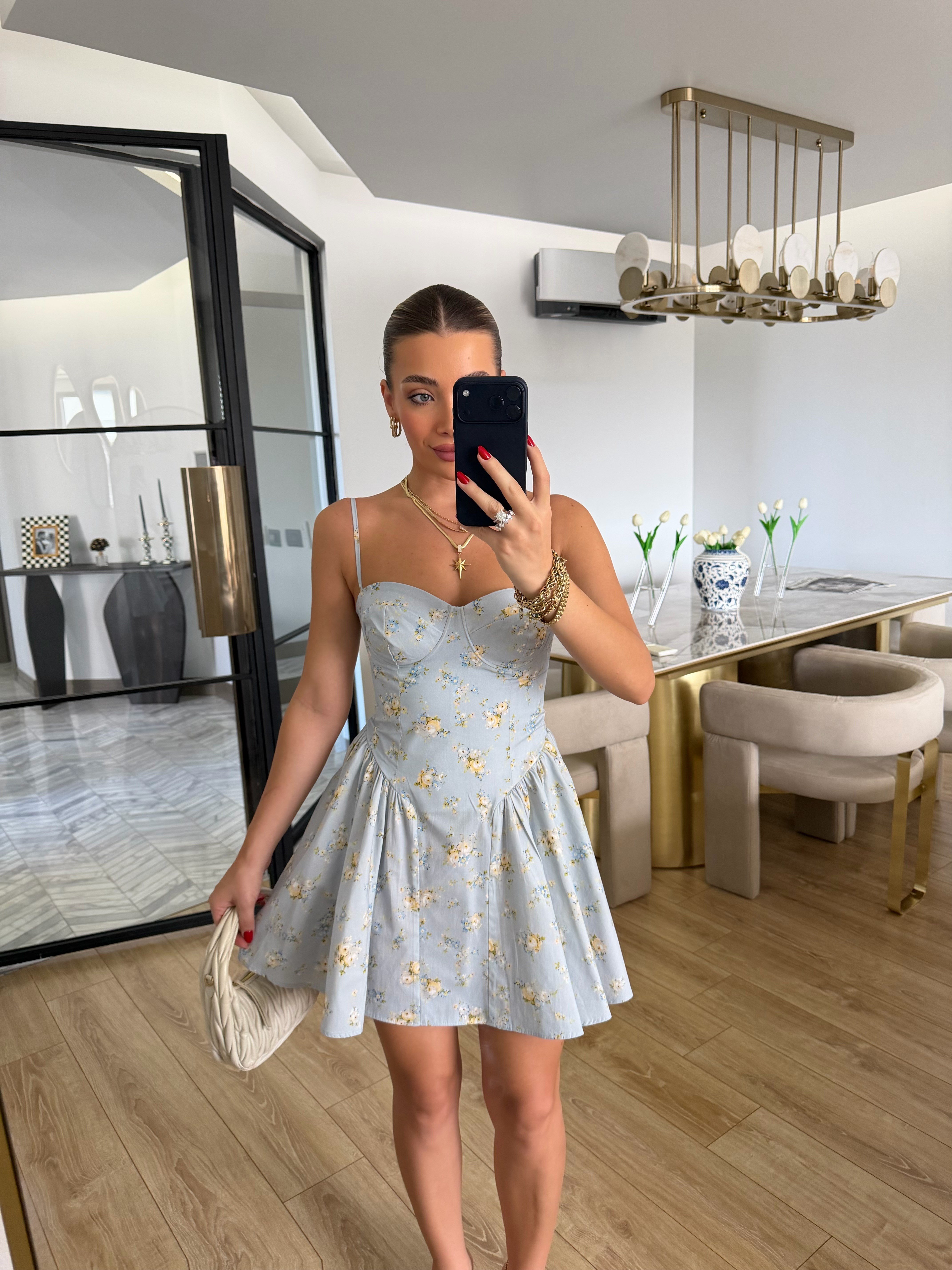 Mavi-Sarı Mini Kuplu Çiçekli Elbise - 12480
