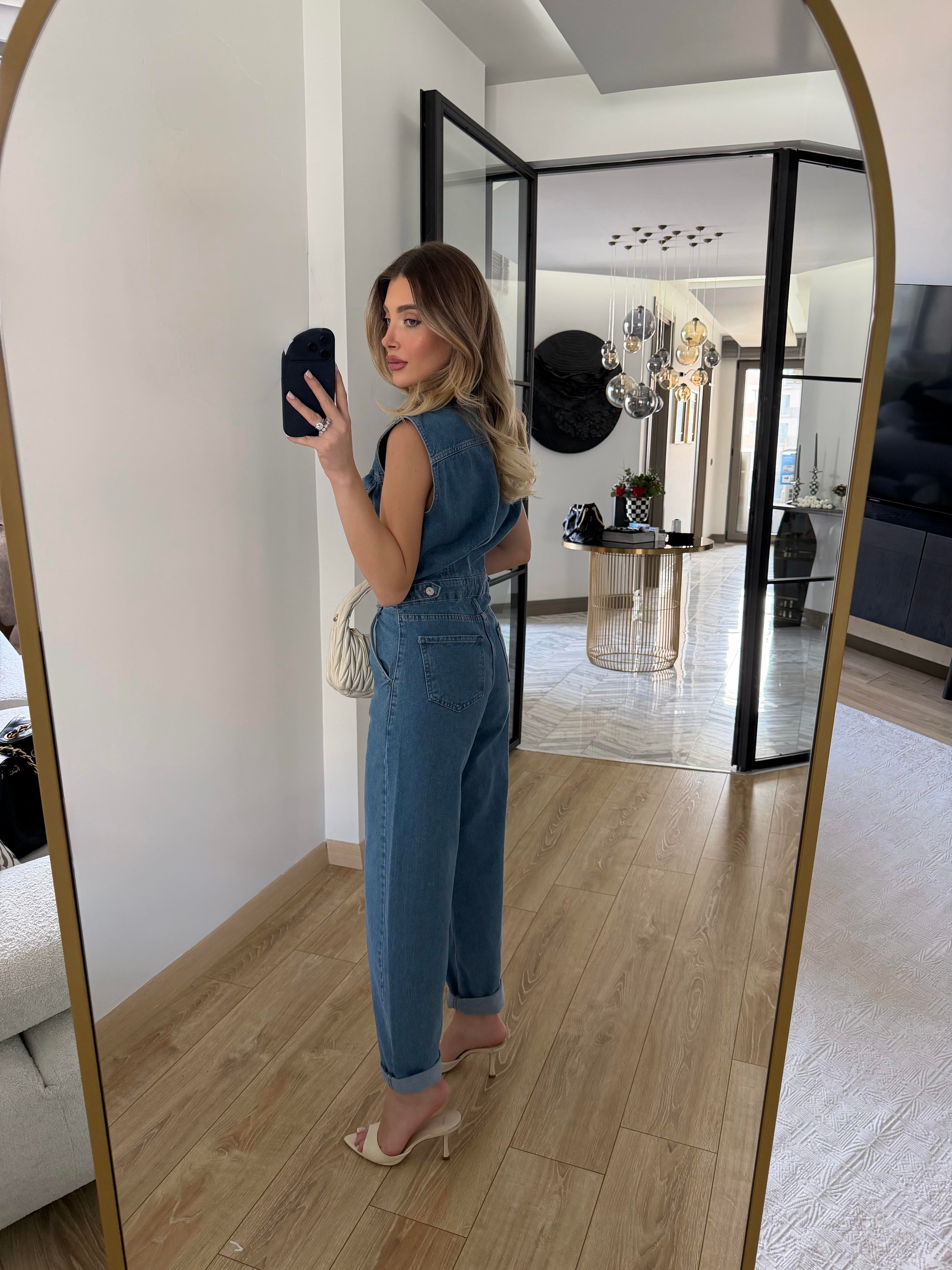 Mavi Sıfır Kollu Denim Tulum 