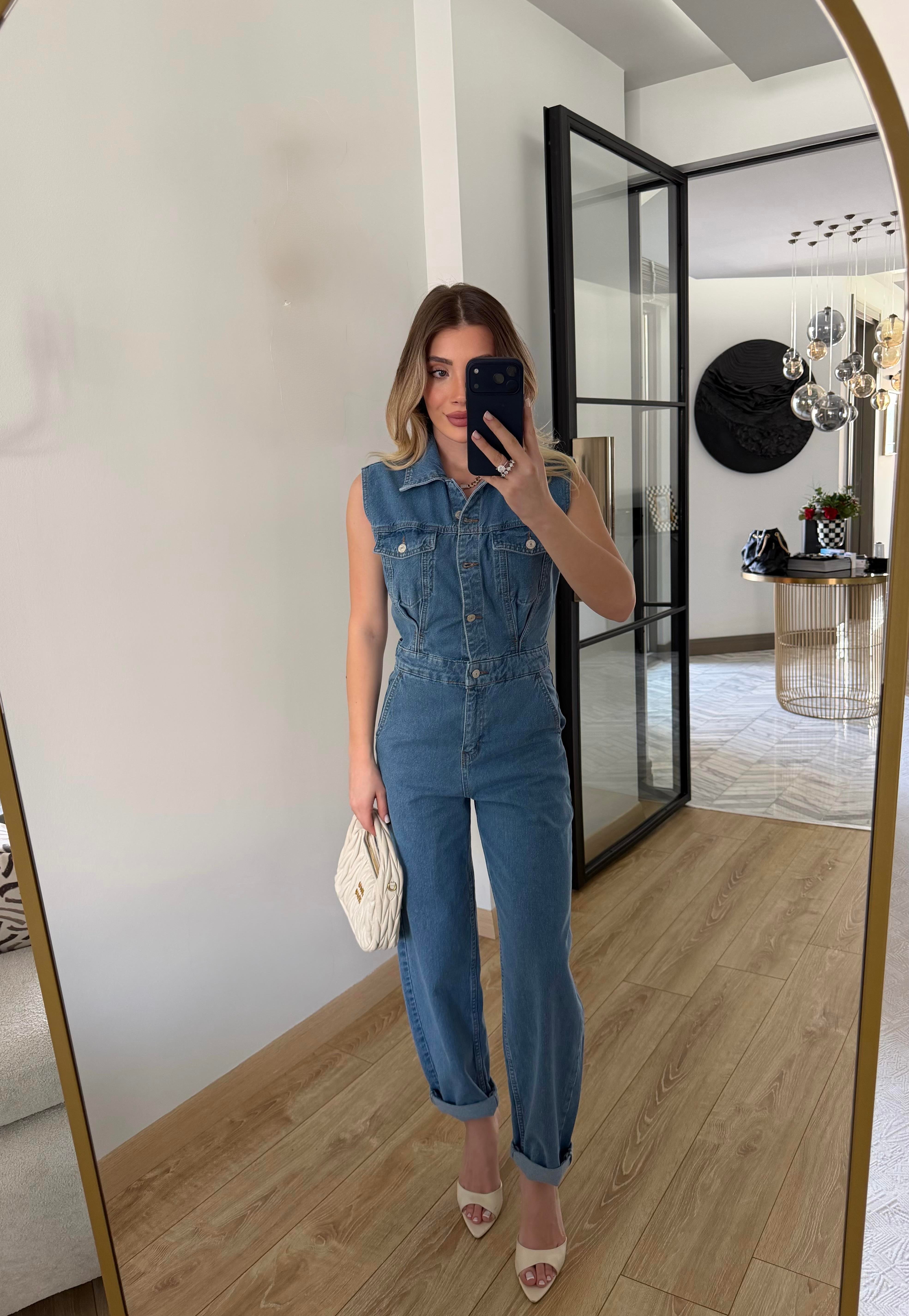 Mavi Sıfır Kollu Denim Tulum 
