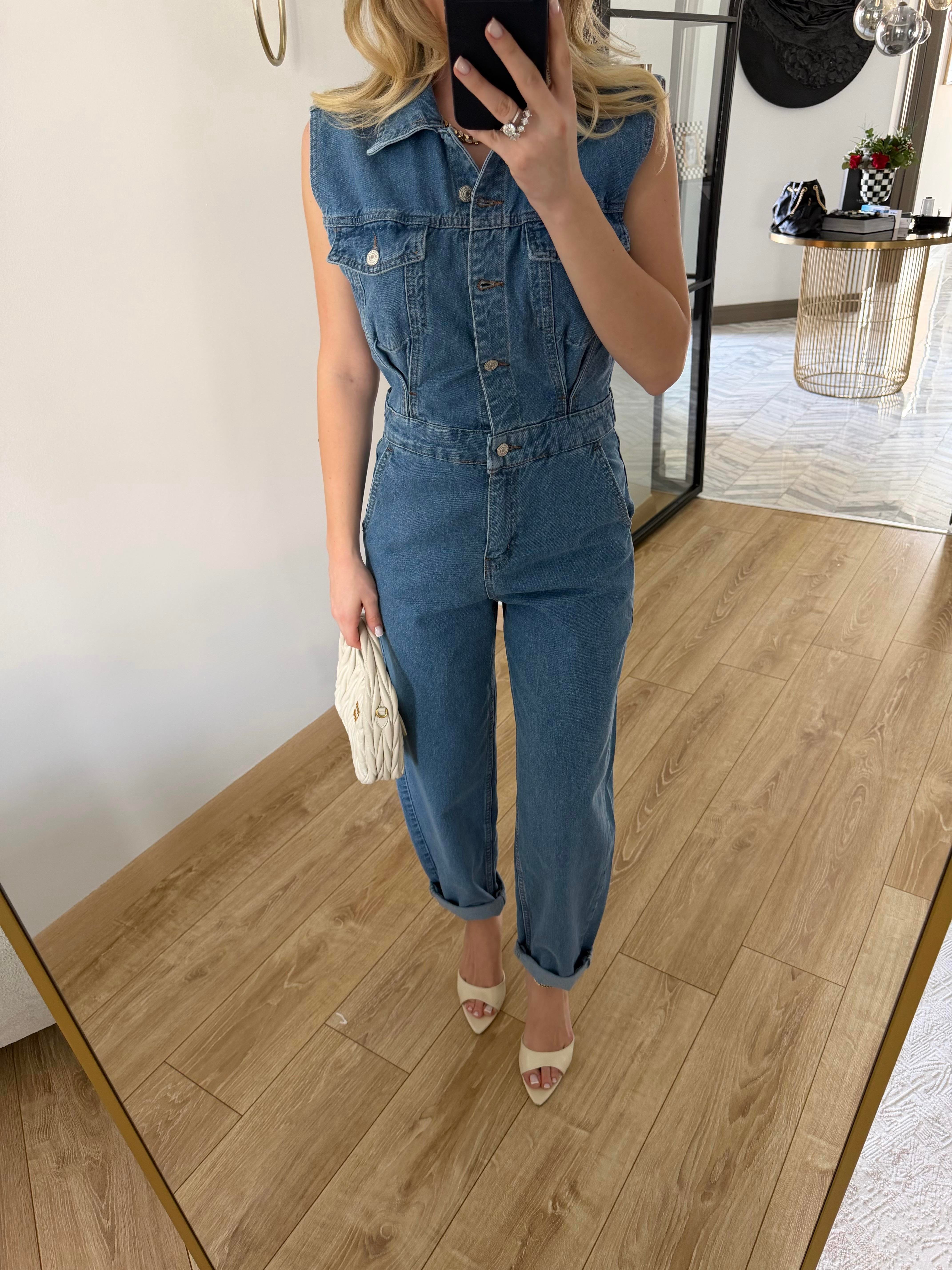 Mavi Sıfır Kollu Denim Tulum 