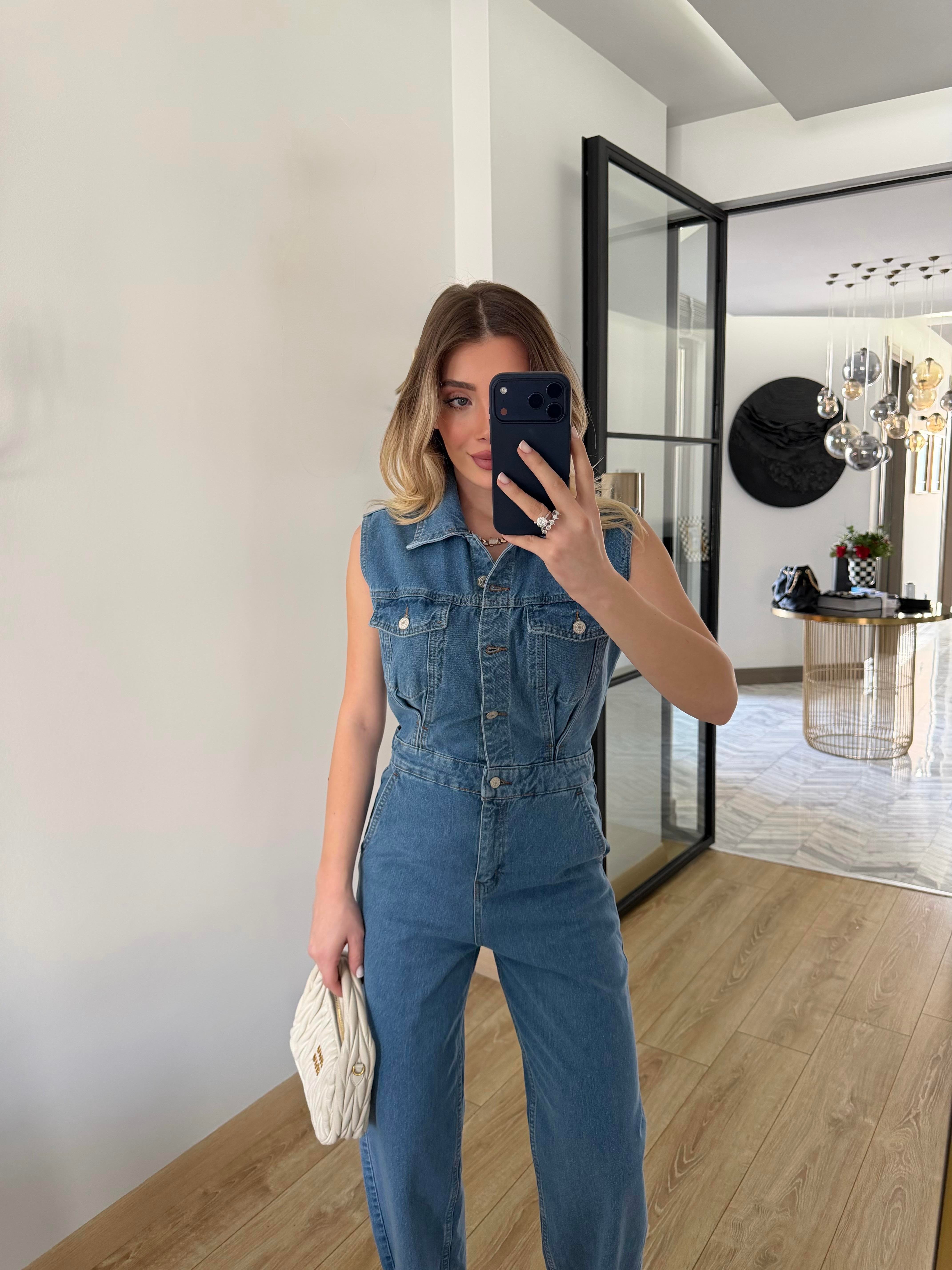 Mavi Sıfır Kollu Denim Tulum 