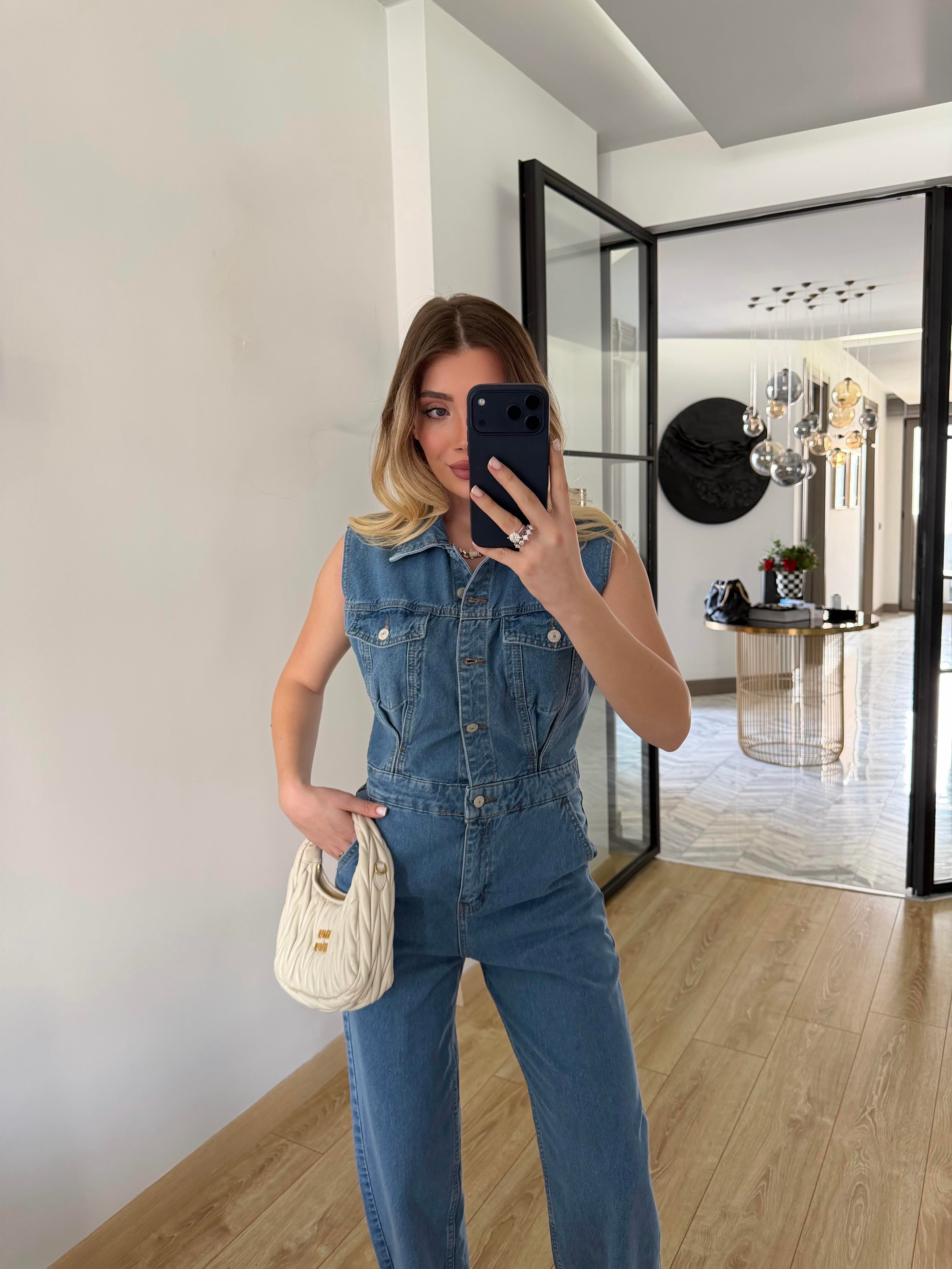 Mavi Sıfır Kollu Denim Tulum 