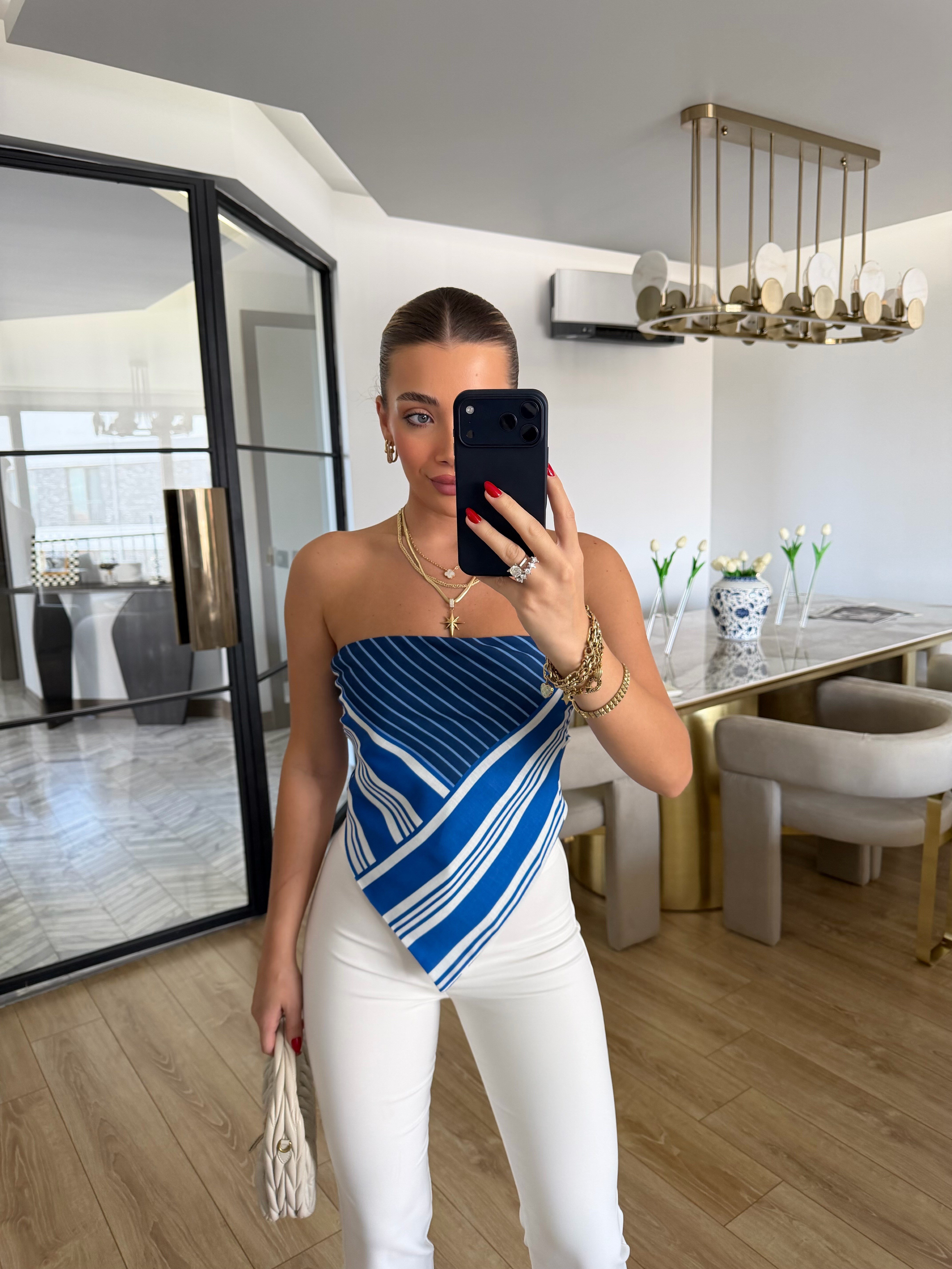 Mavi Sırtı Bağlamalı Keten Bluz - 2234