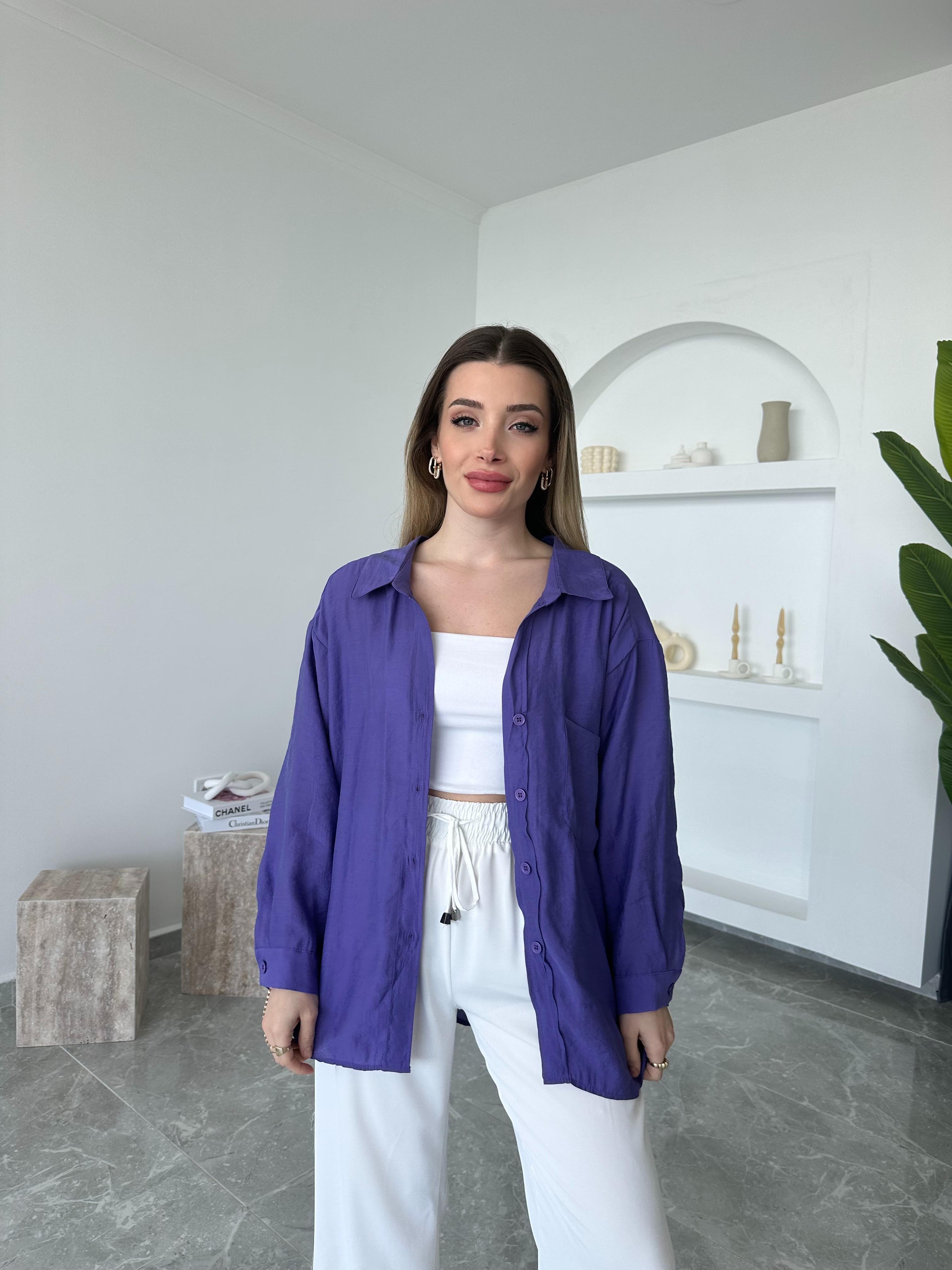 Mor Oversize Tensel Gömlek 