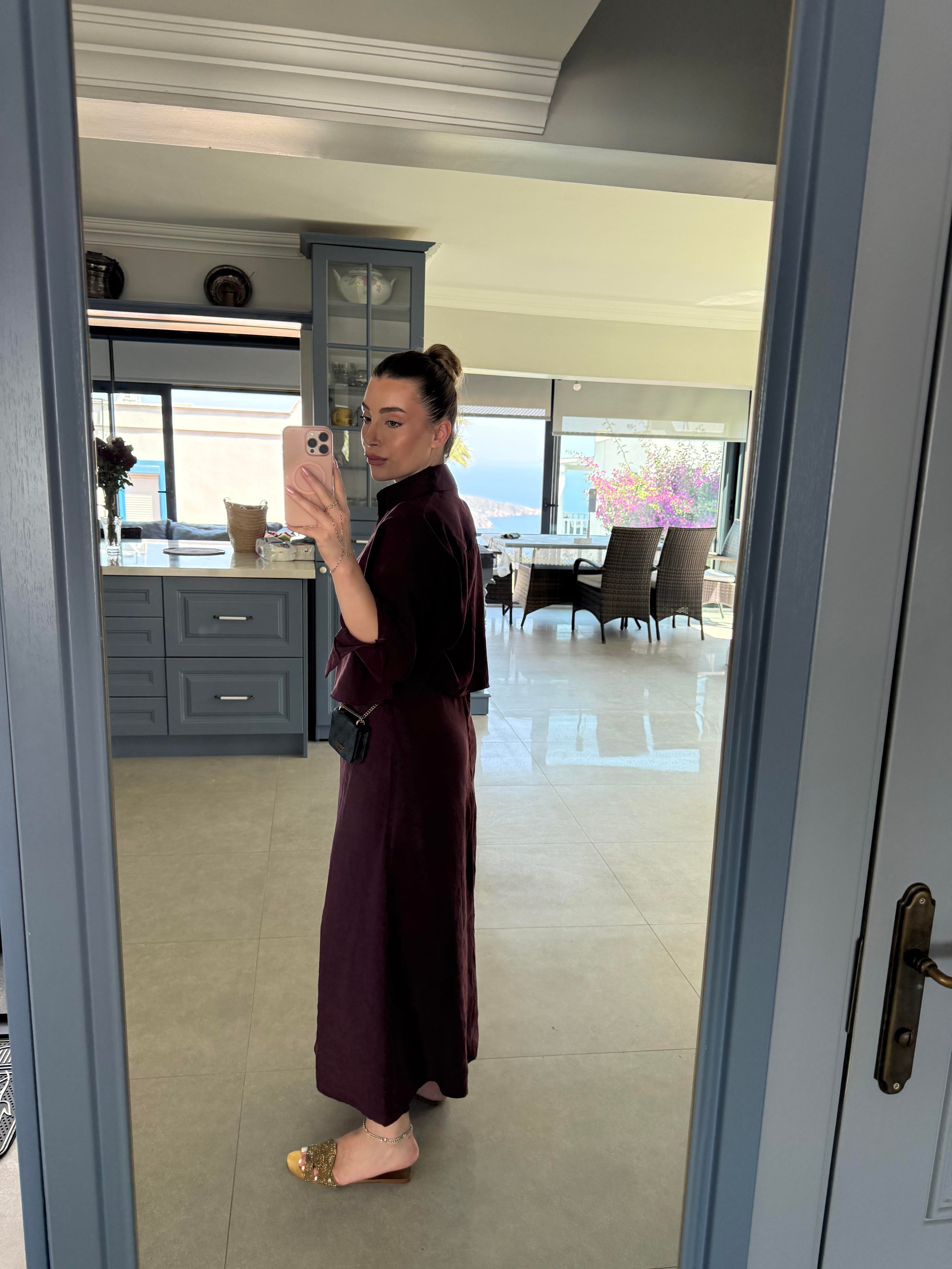 Mürdüm Gömlekli İp Askılı Elbise