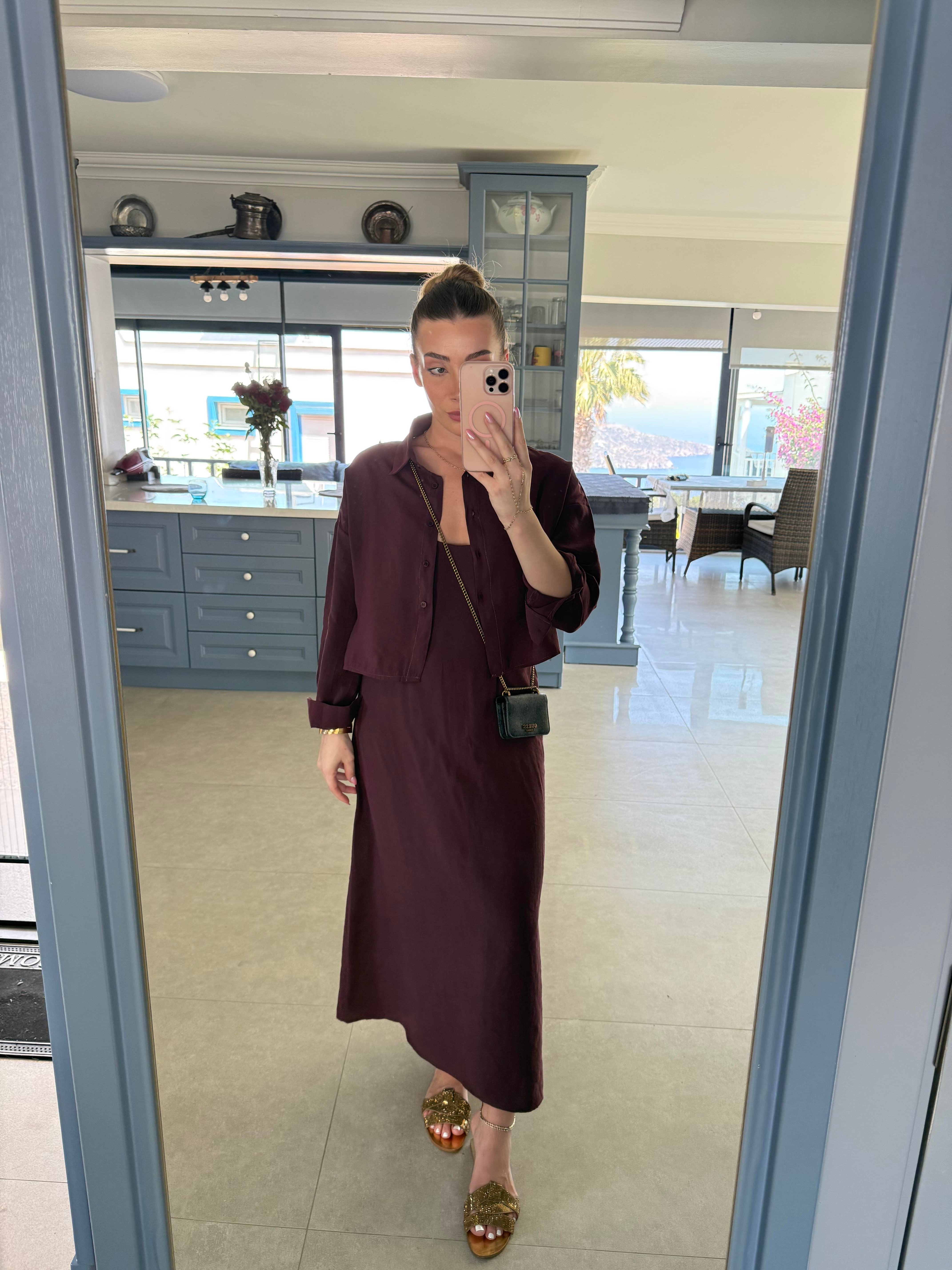 Mürdüm Gömlekli İp Askılı Elbise