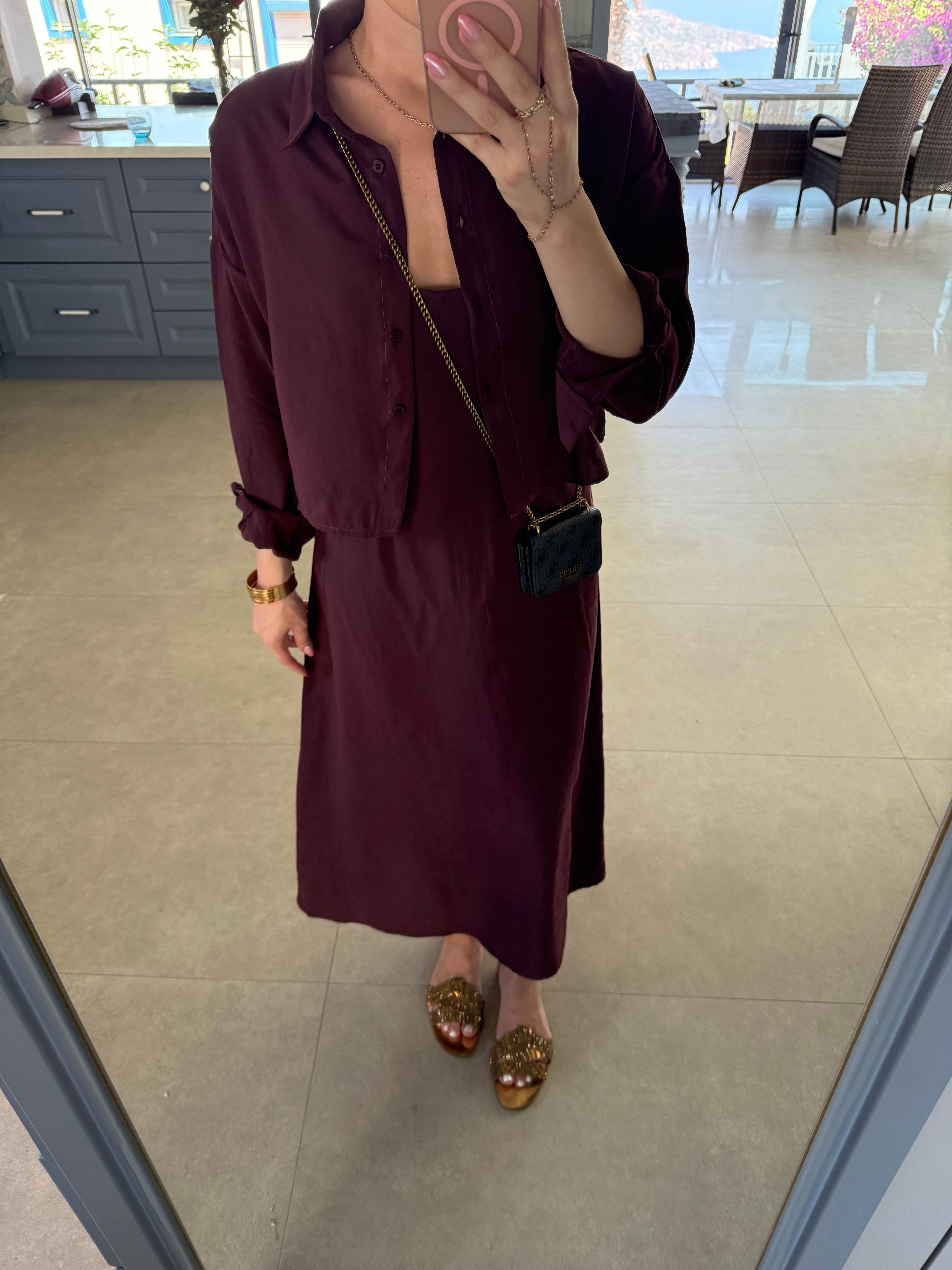 Mürdüm Gömlekli İp Askılı Elbise