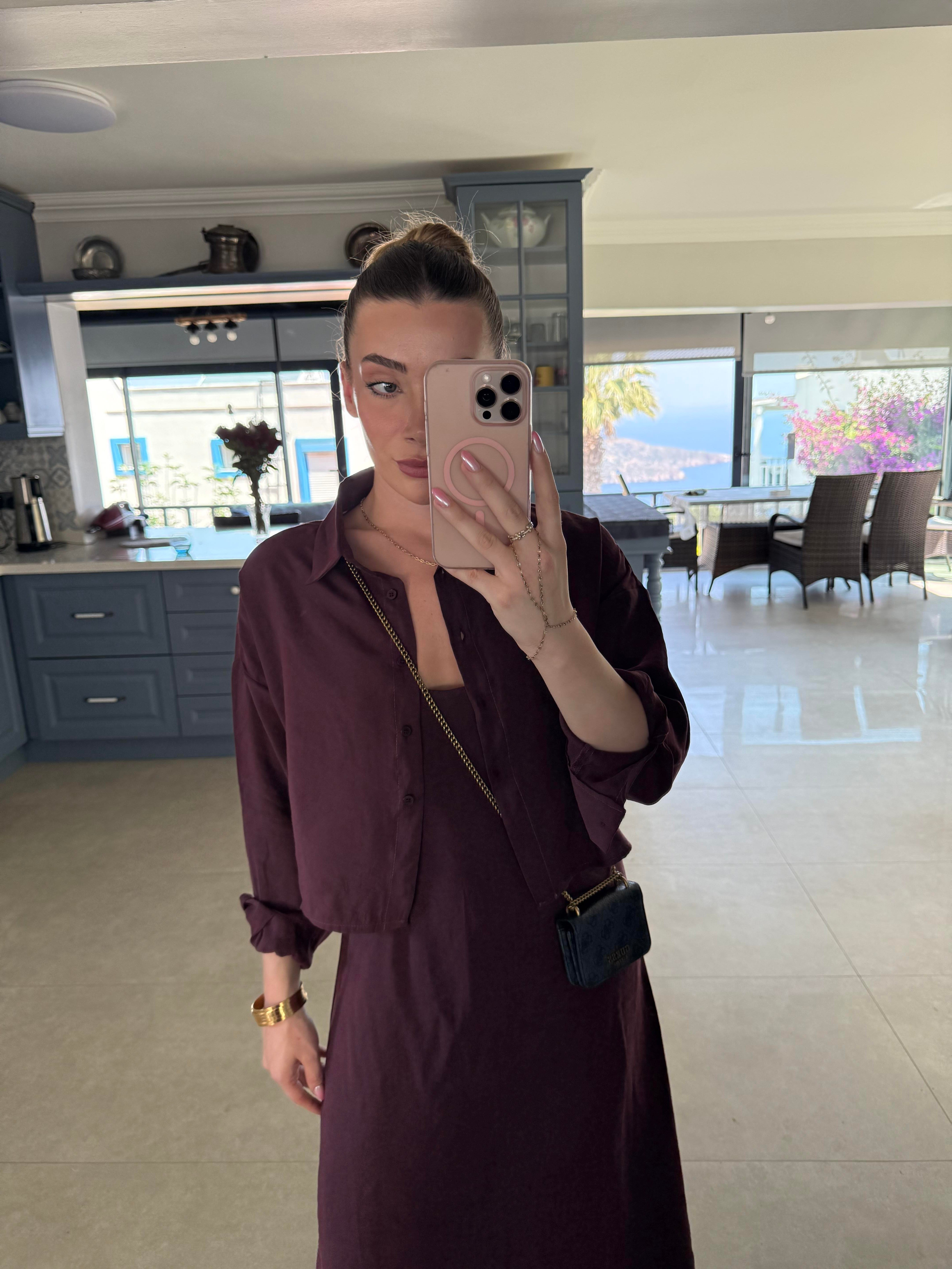 Mürdüm Gömlekli İp Askılı Elbise