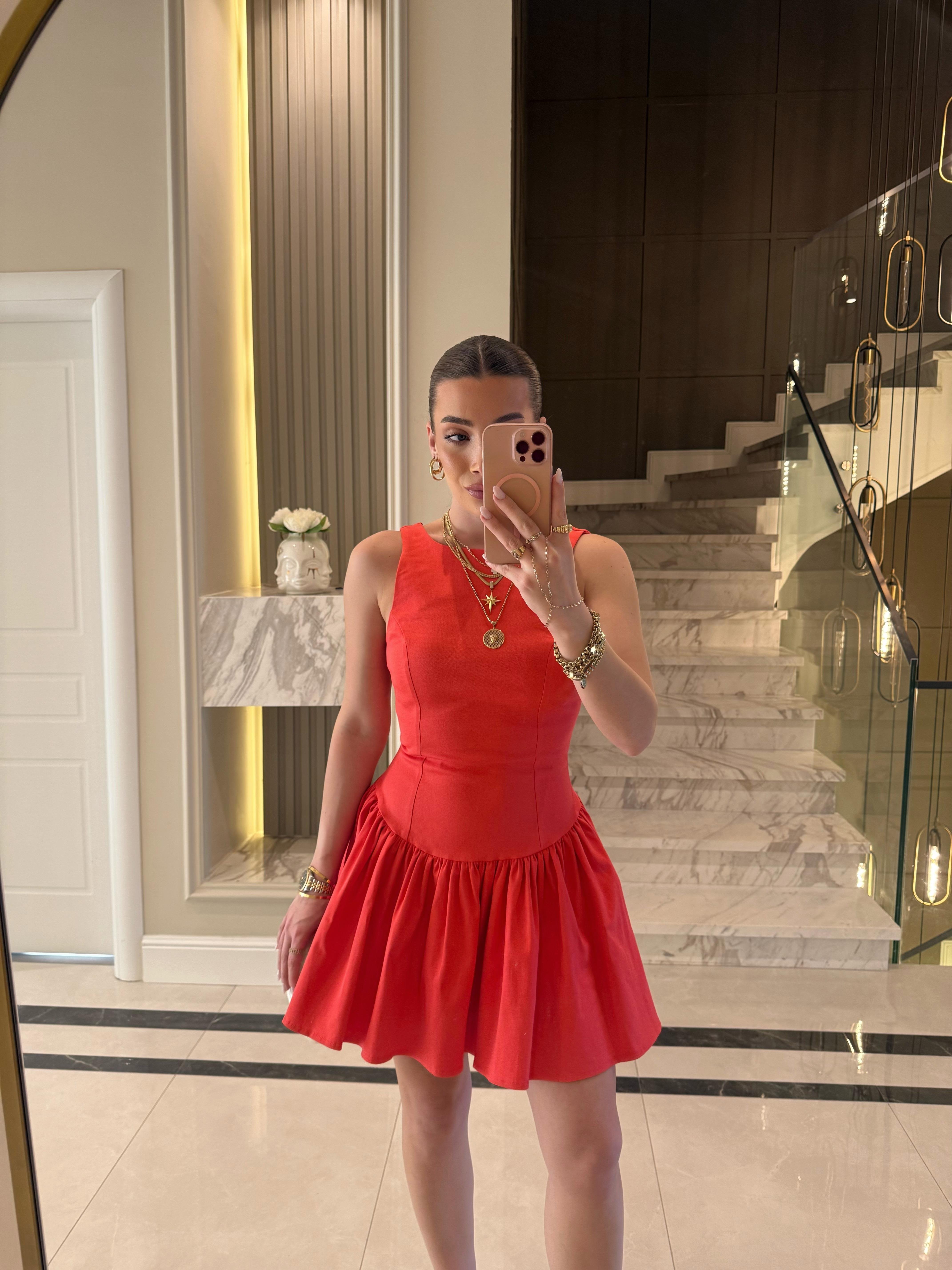Nar Çiçeği  Kuplu Büzgülü Mini Elbise 