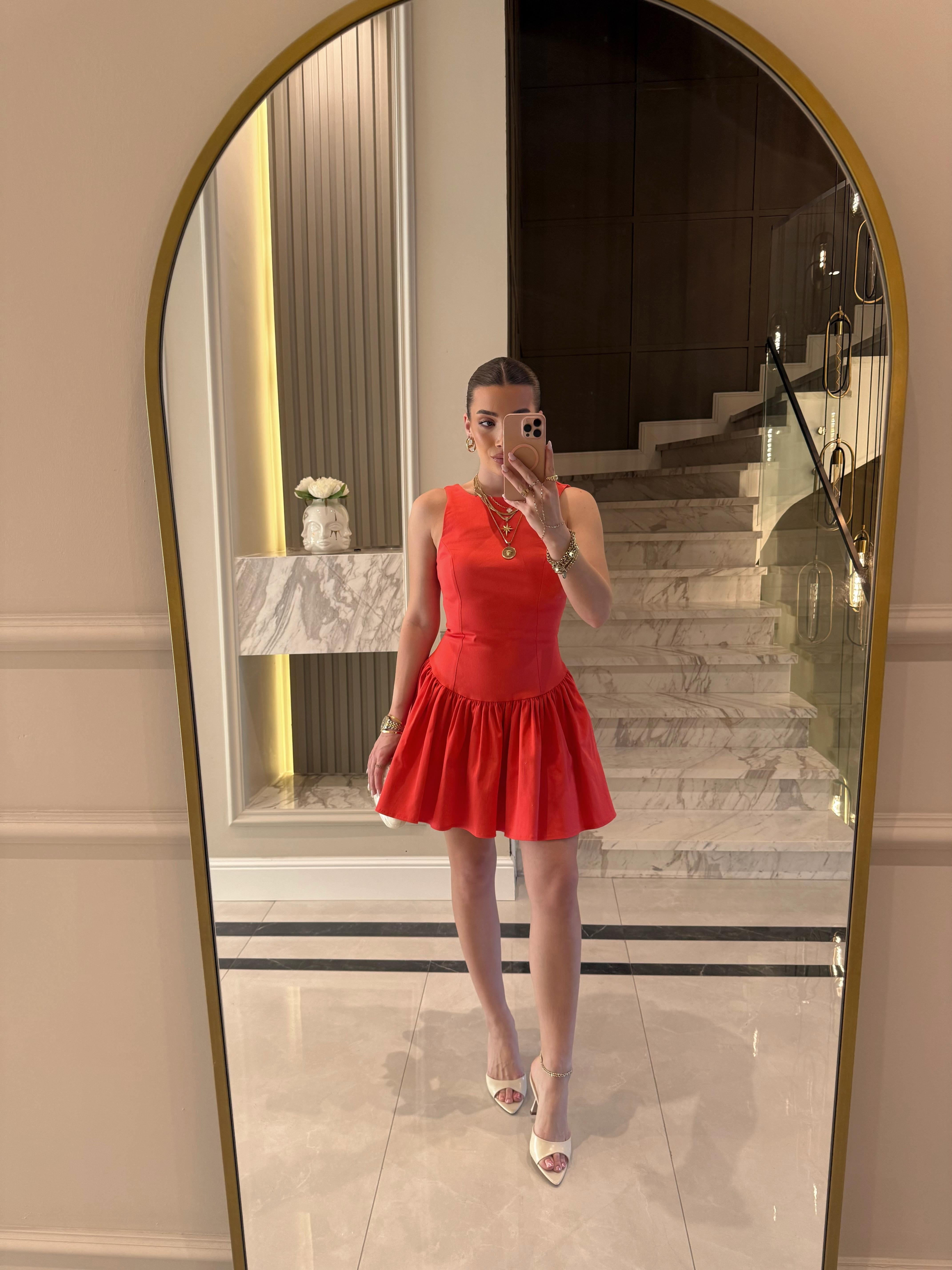 Nar Çiçeği  Kuplu Büzgülü Mini Elbise 
