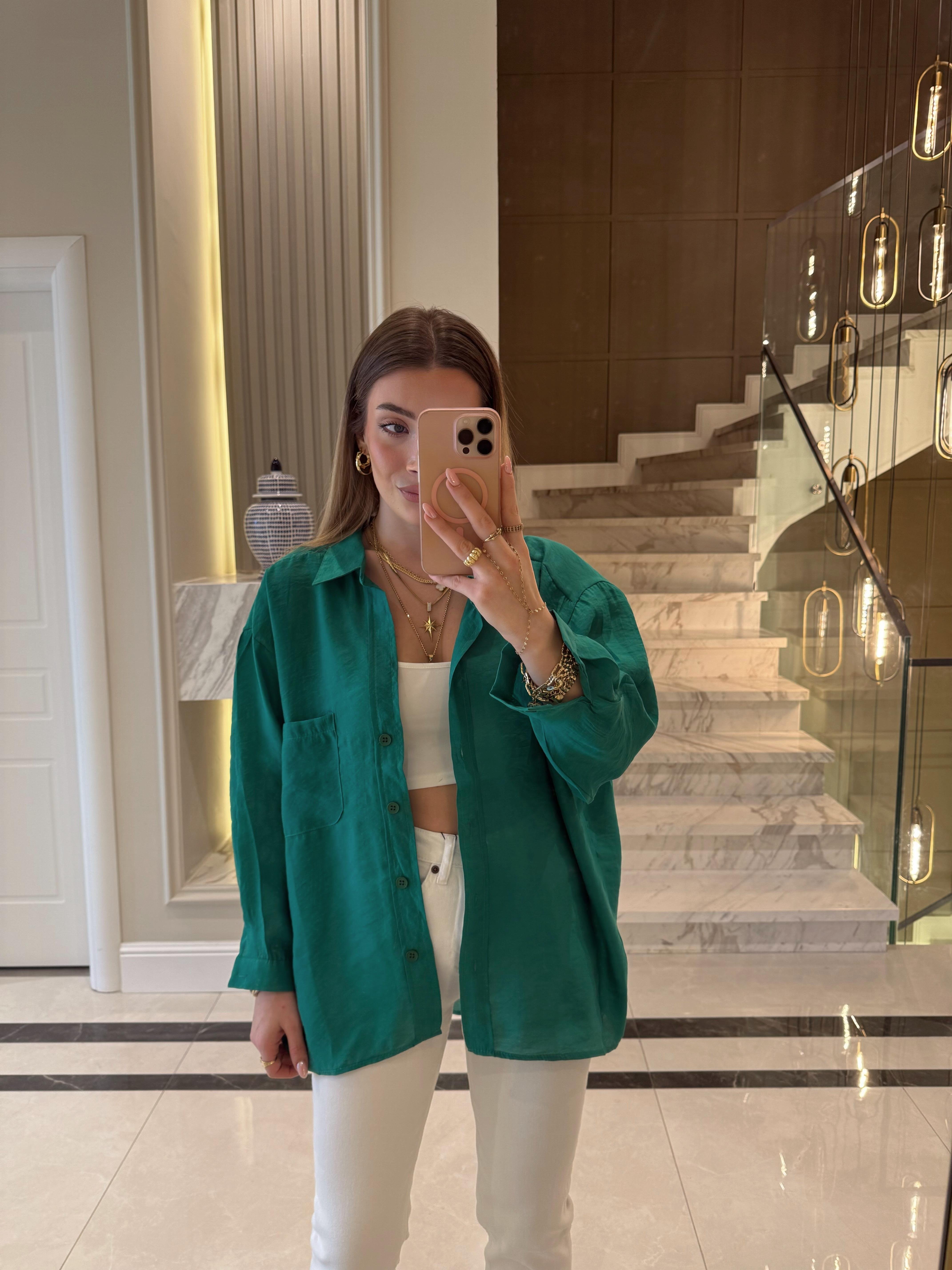Nefti Yeşili Oversize Tensel Gömlek-4612