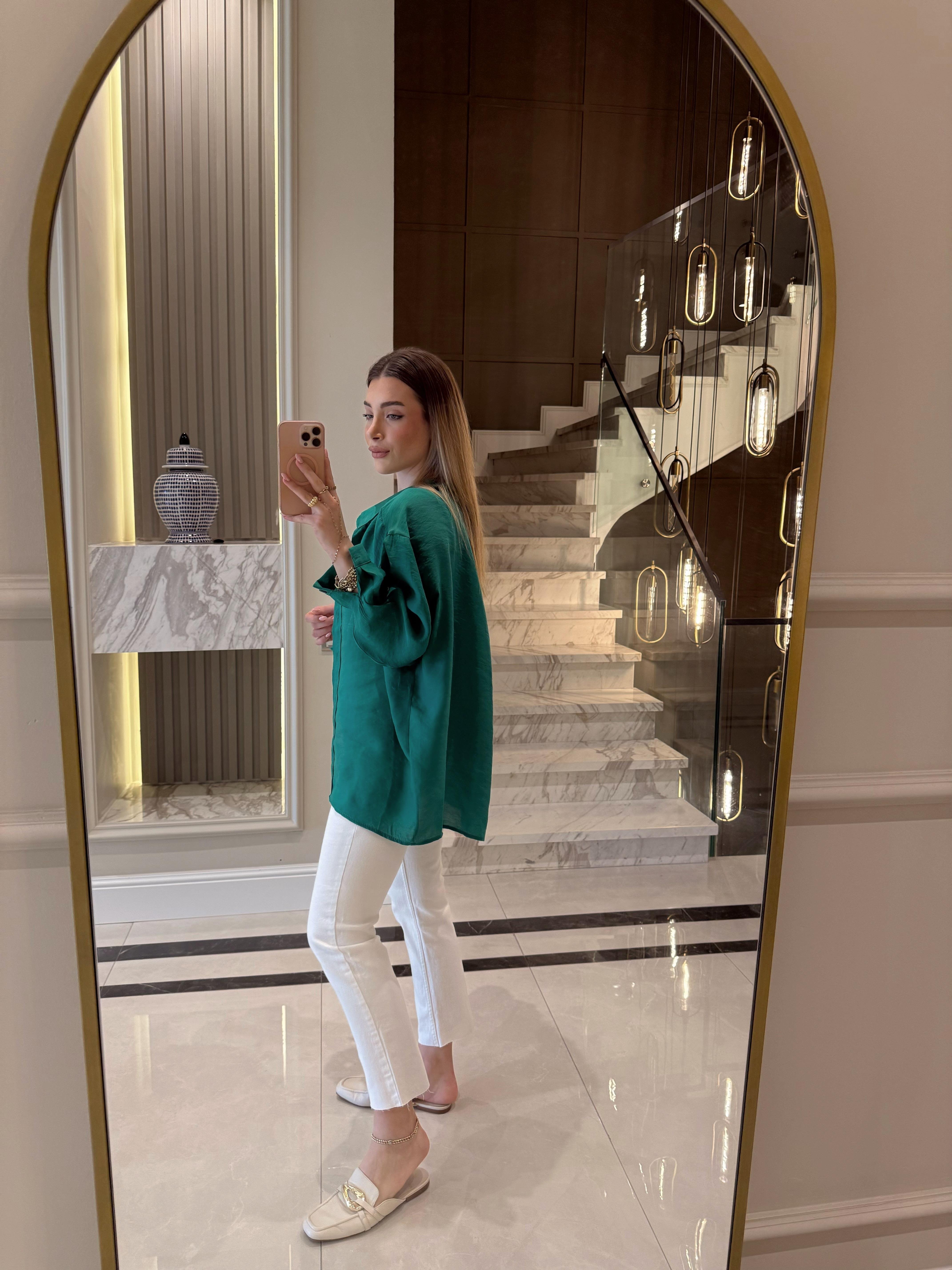 Nefti Yeşili Oversize Tensel Gömlek-4612
