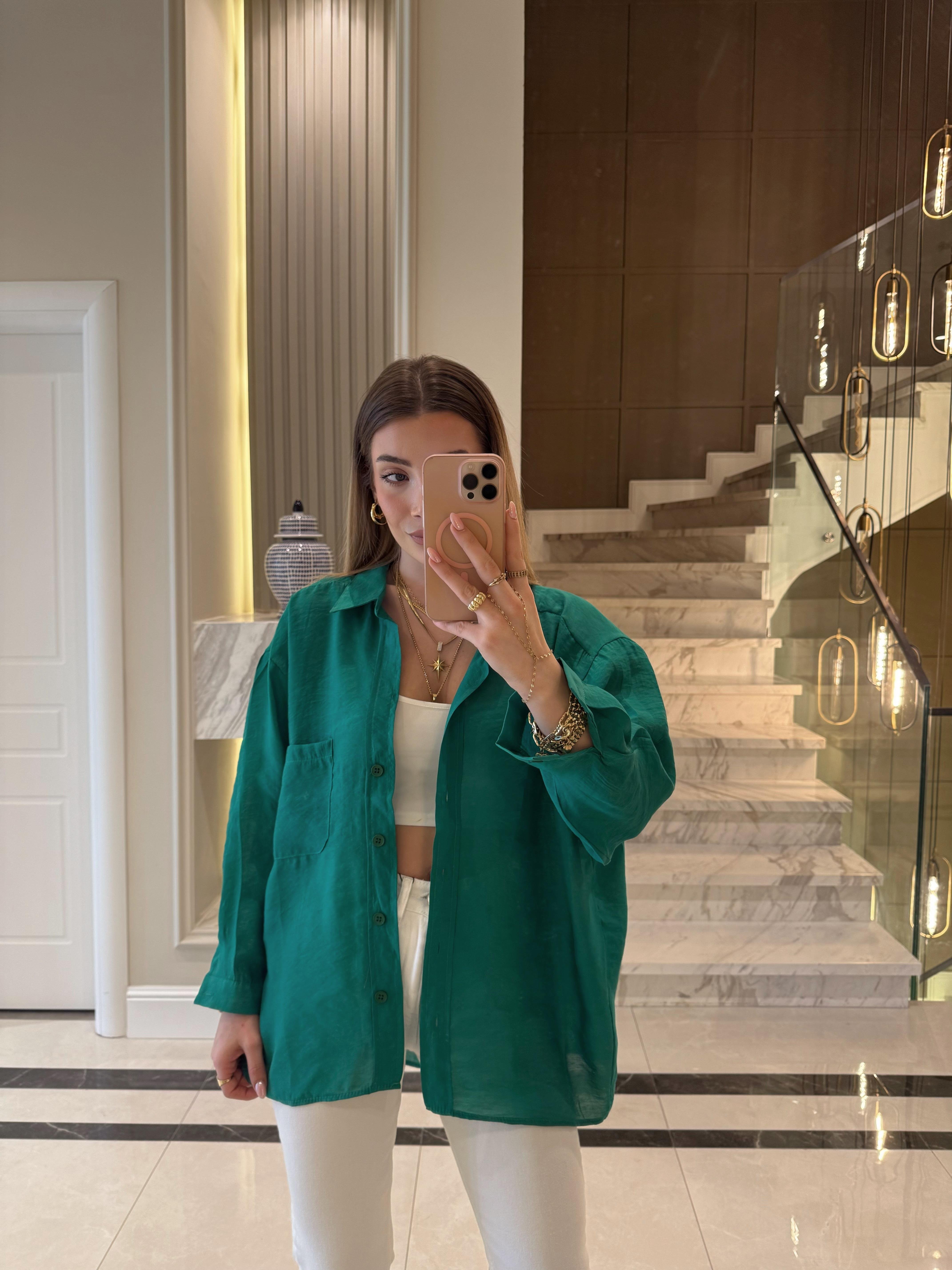 Nefti Yeşili Oversize Tensel Gömlek-4612