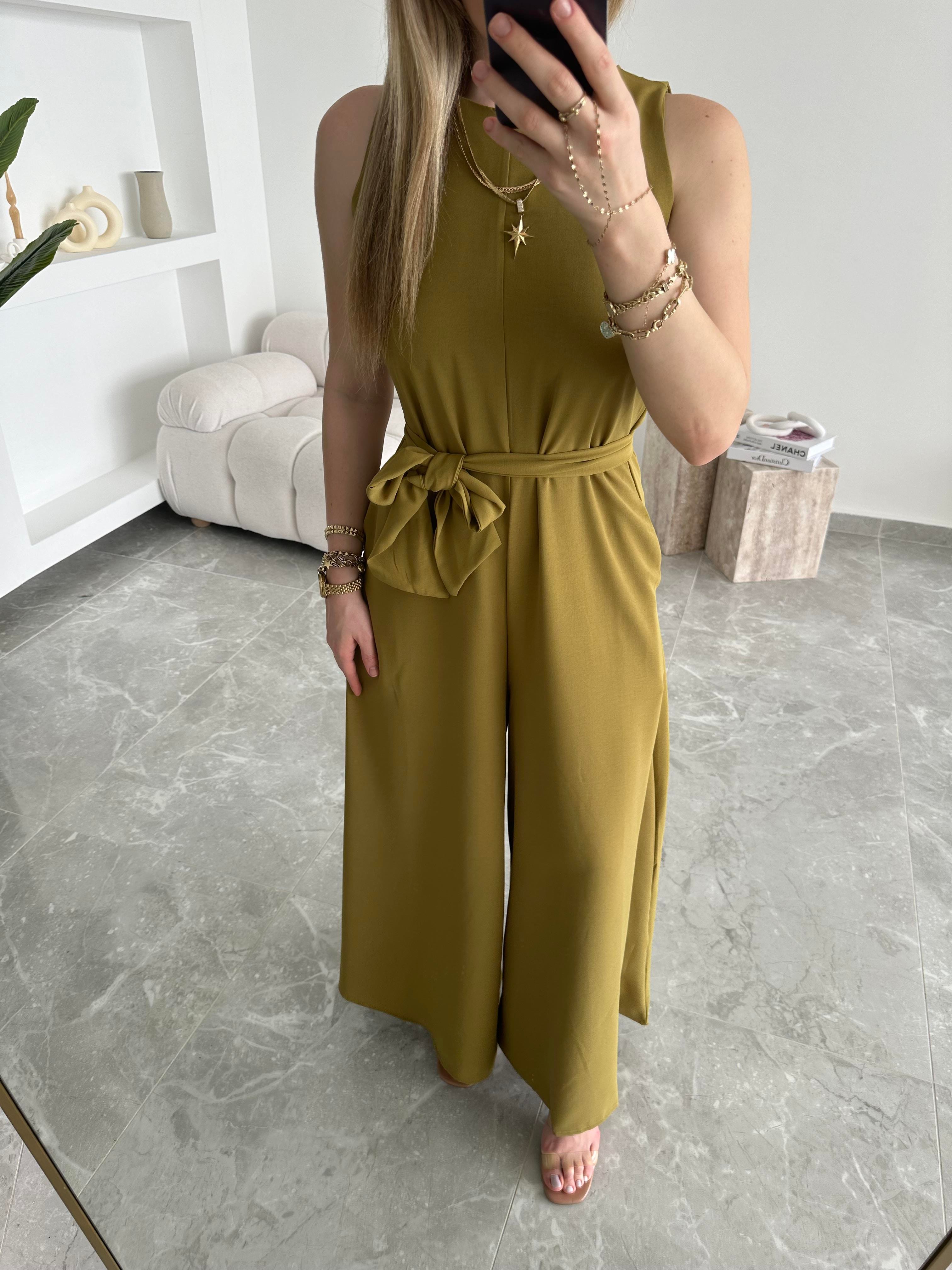 Olive Geniş Paça Kuşaklı Tulum