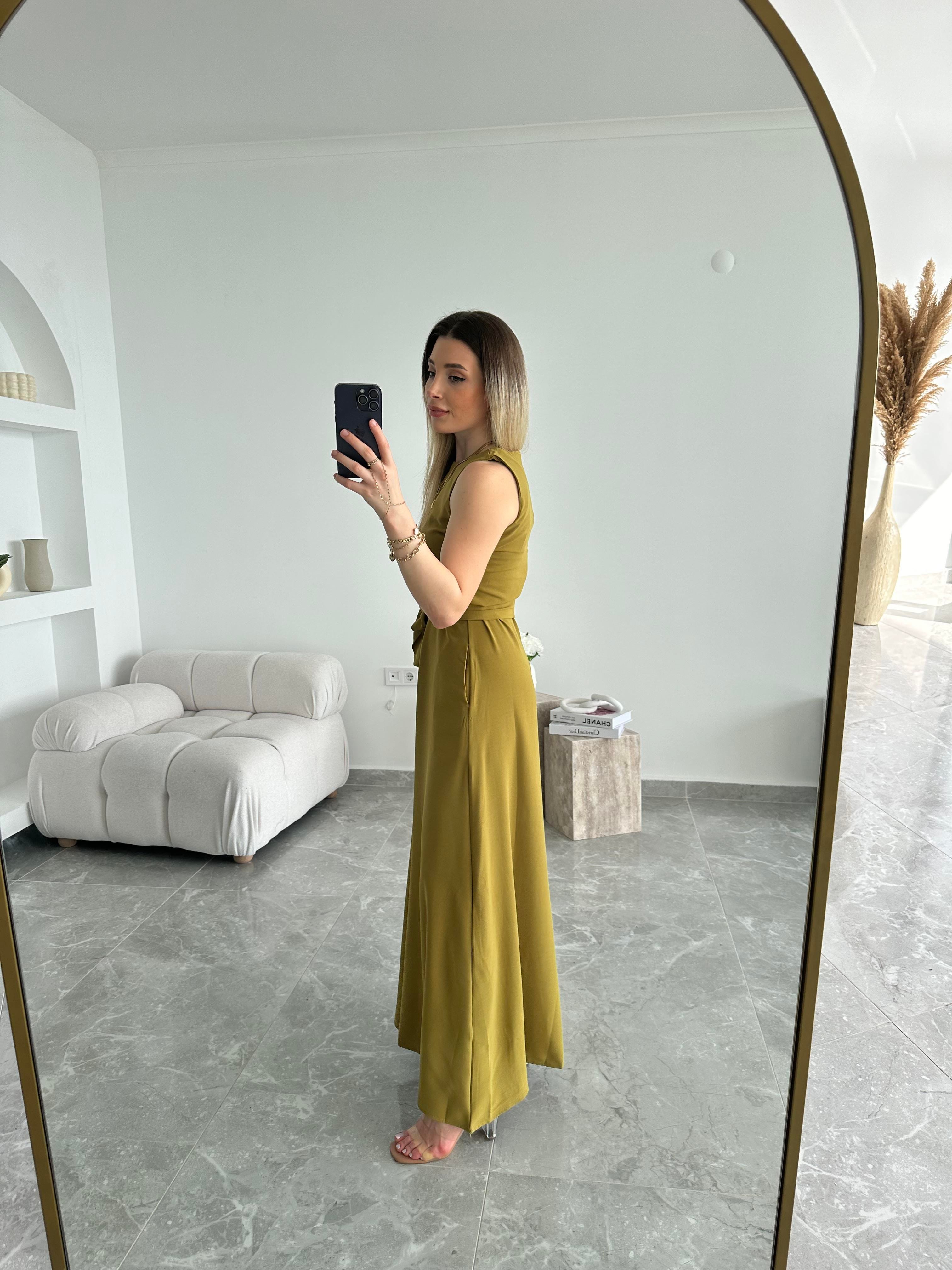 Olive Geniş Paça Kuşaklı Tulum