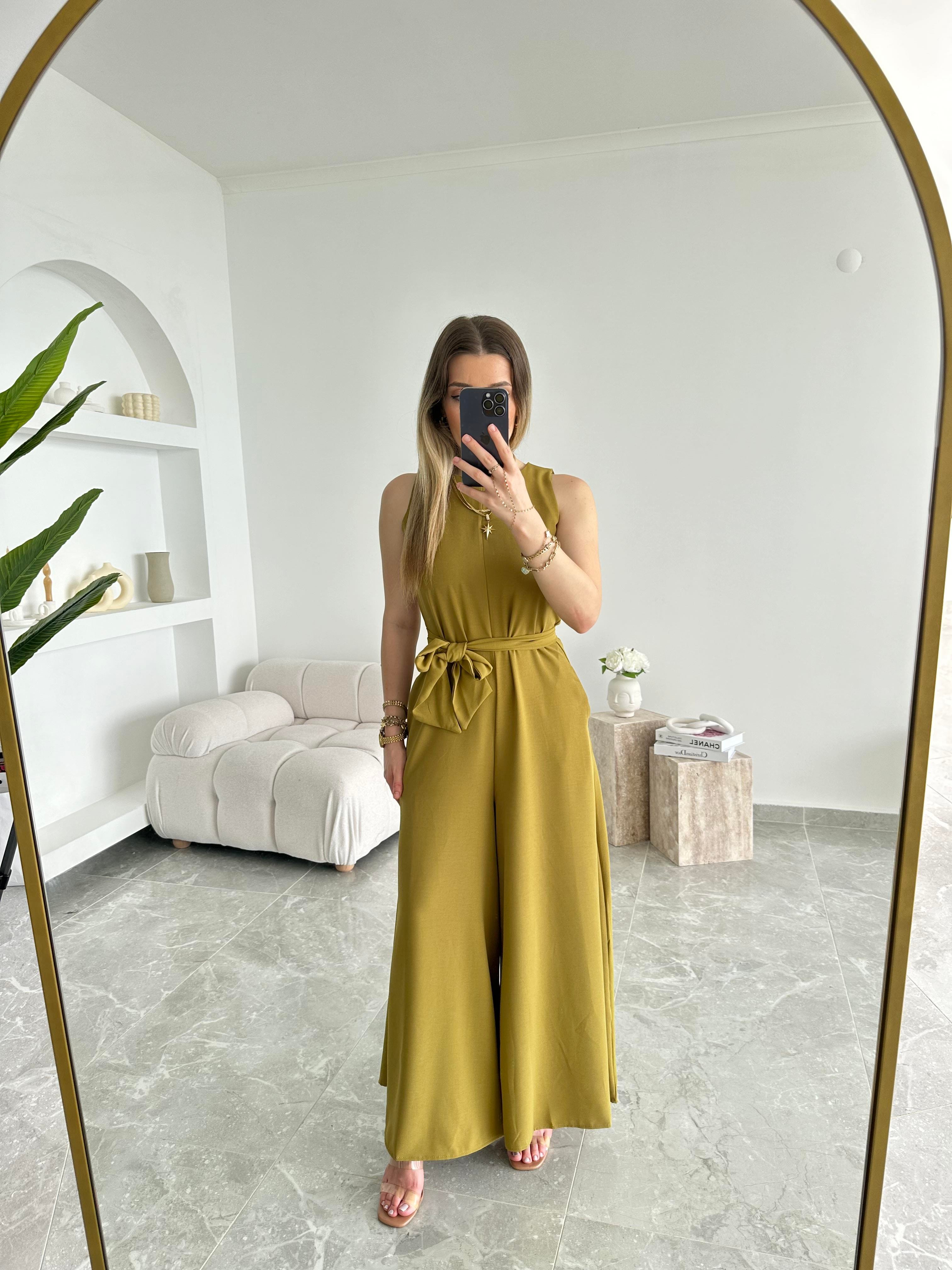 Olive Geniş Paça Kuşaklı Tulum