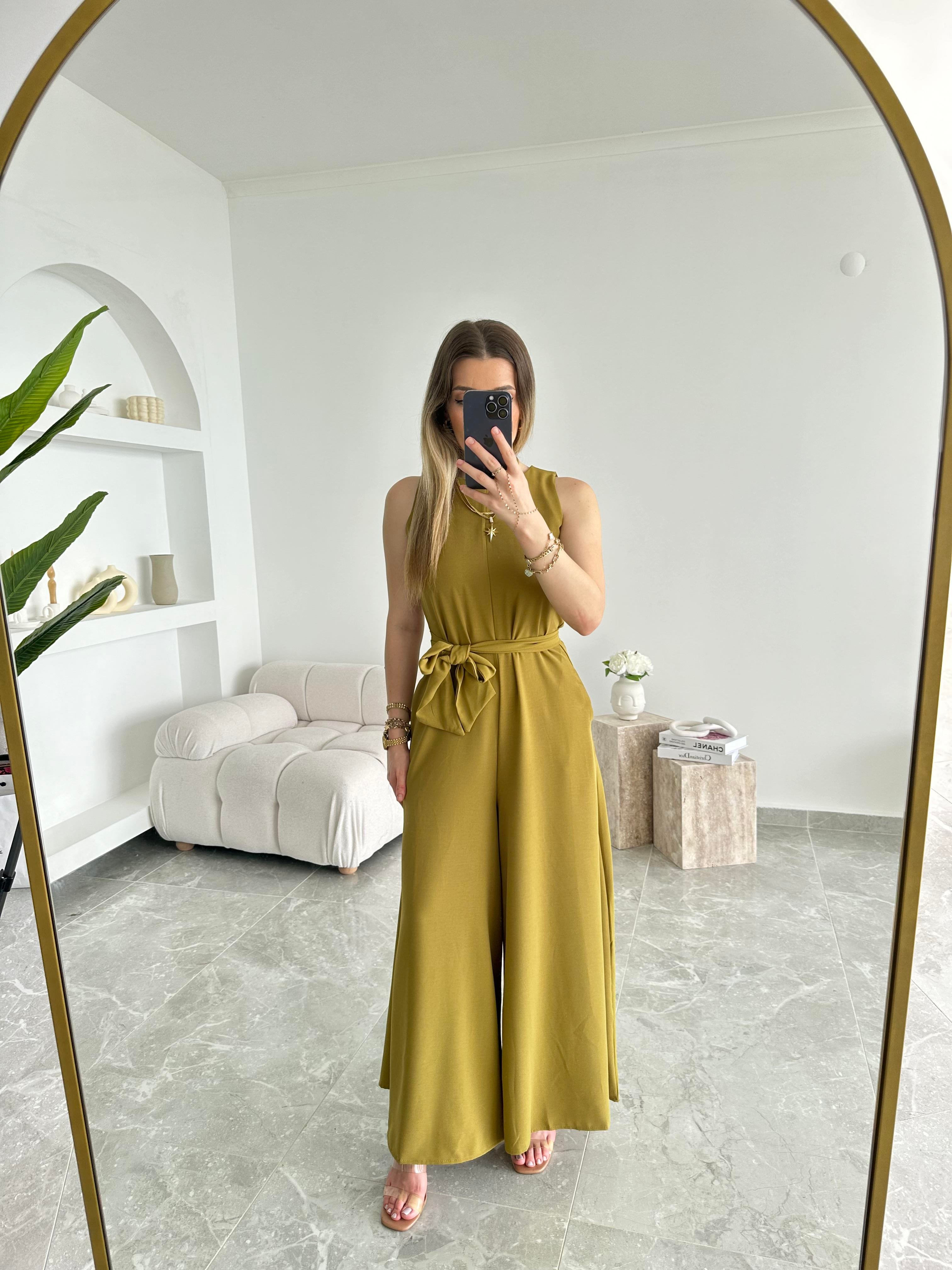 Olive Geniş Paça Kuşaklı Tulum