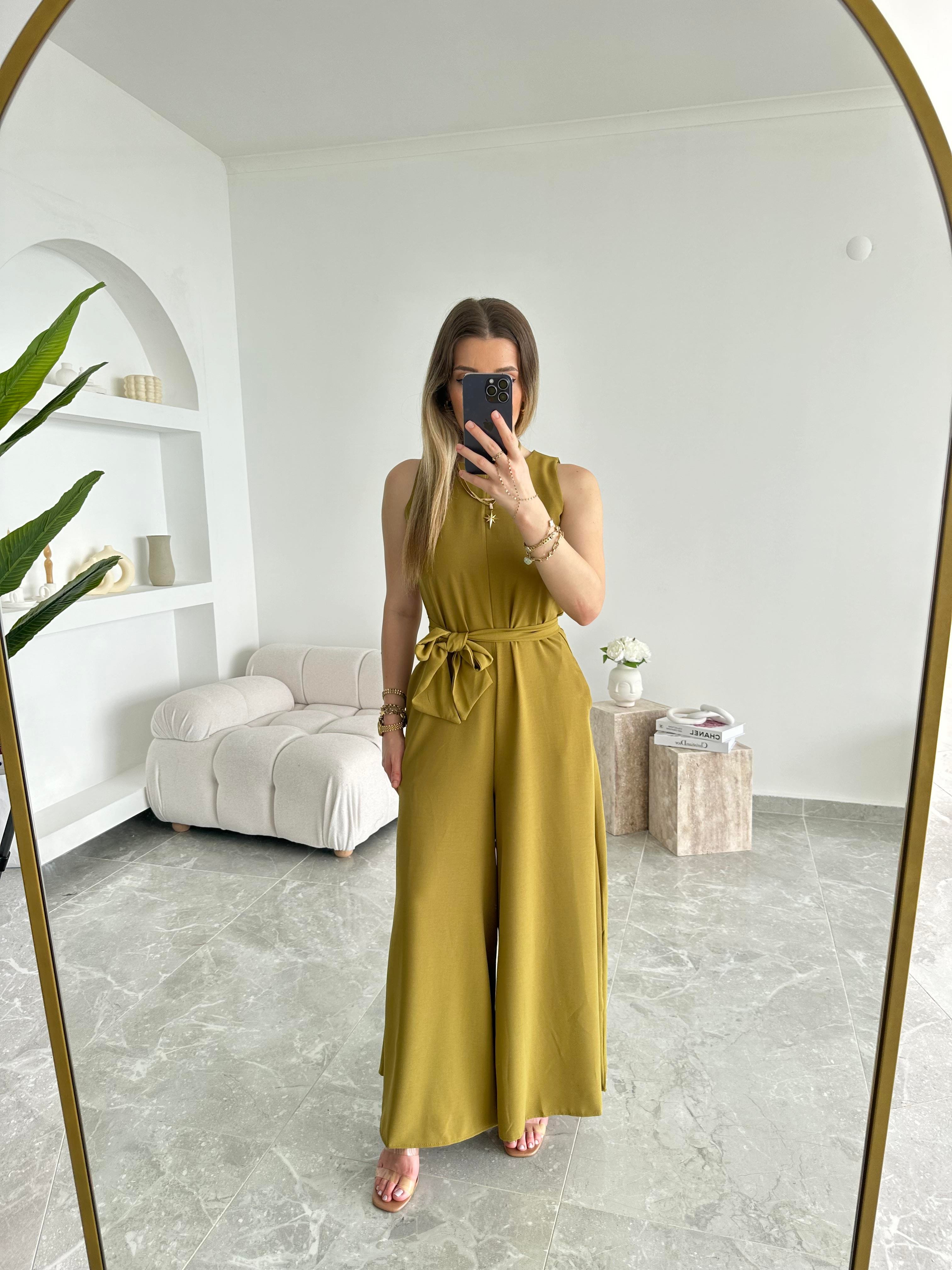 Olive Geniş Paça Kuşaklı Tulum