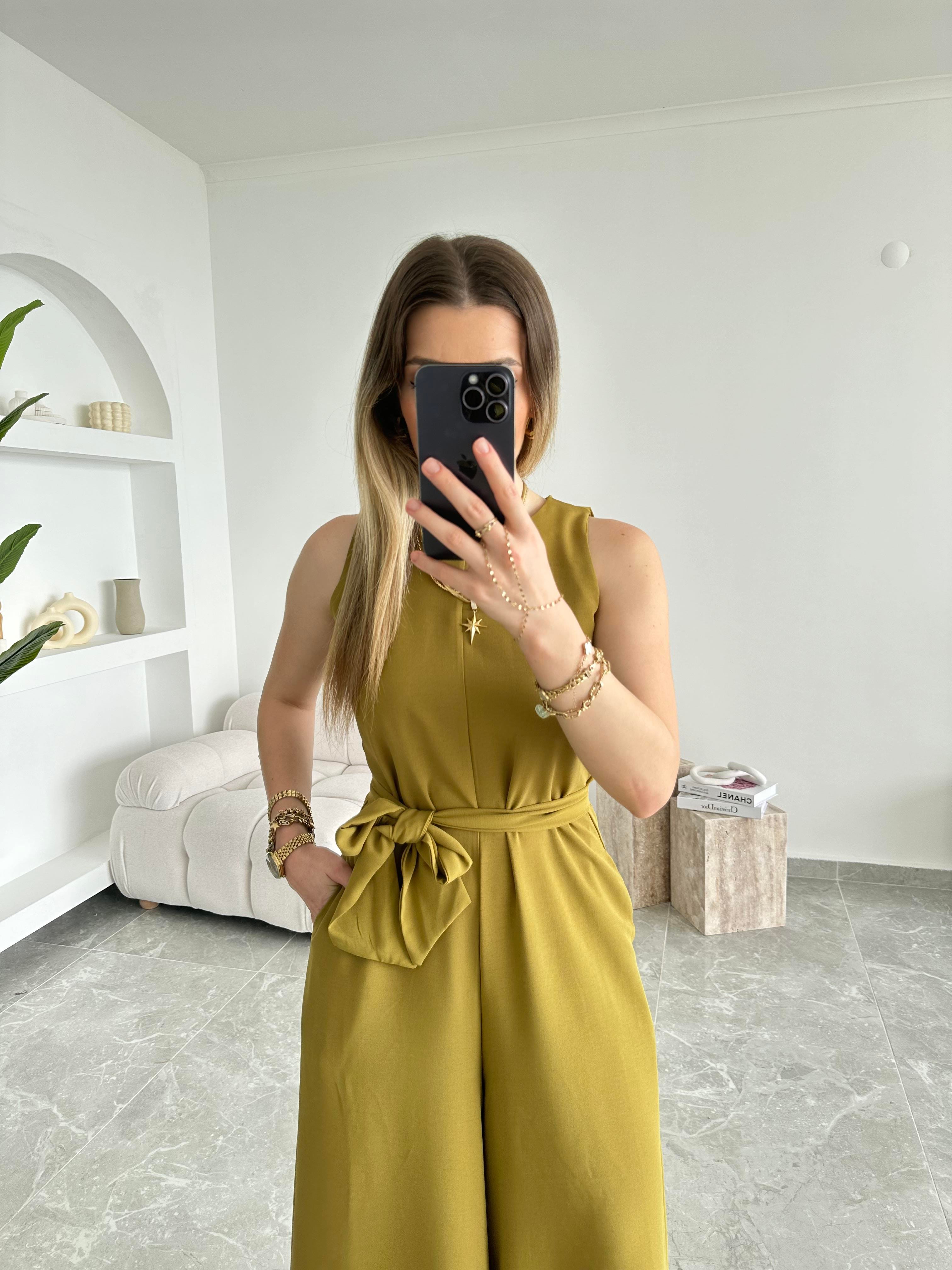 Olive Geniş Paça Kuşaklı Tulum