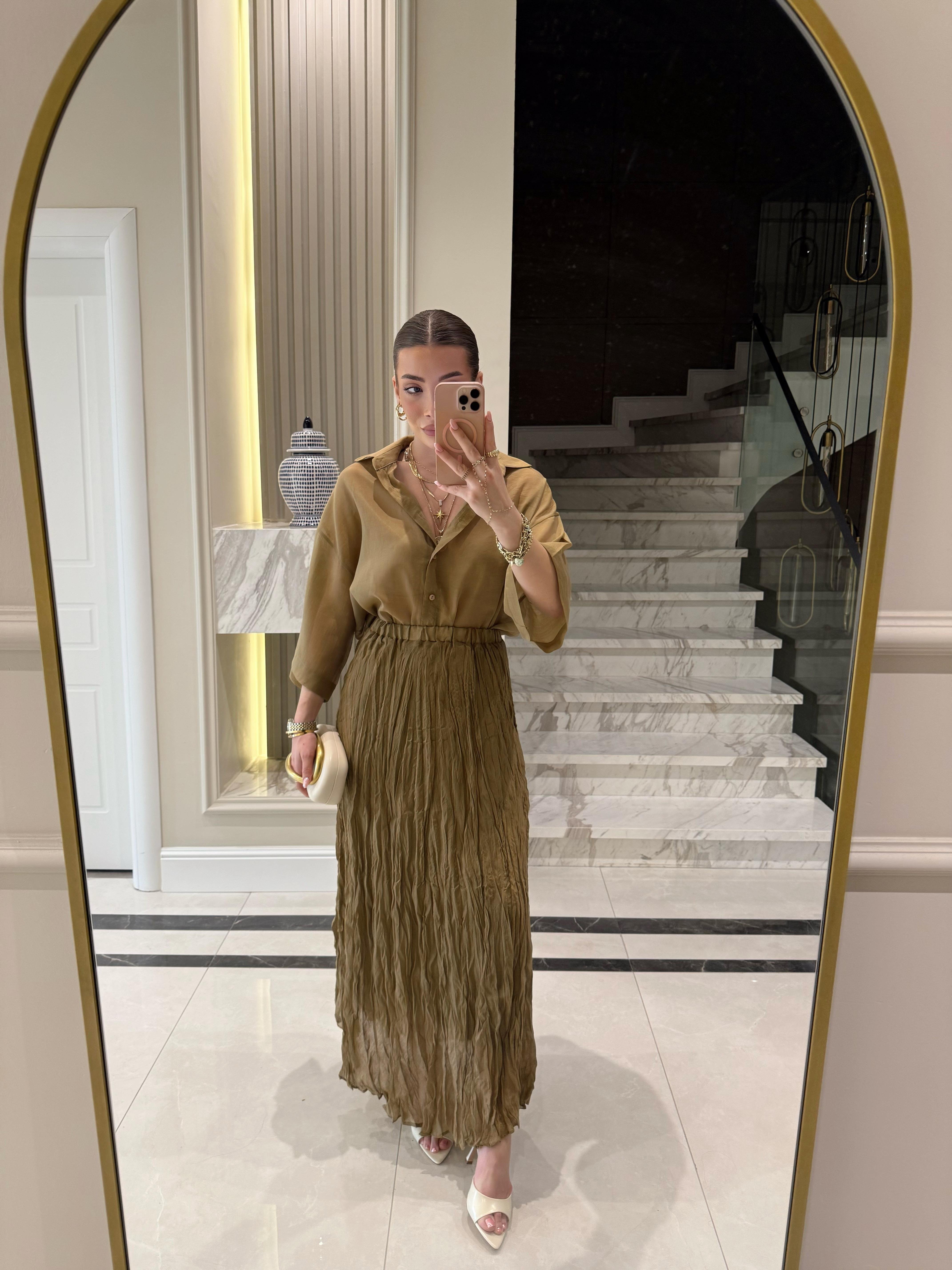 Olive Kırışık Bohem Etek-3207