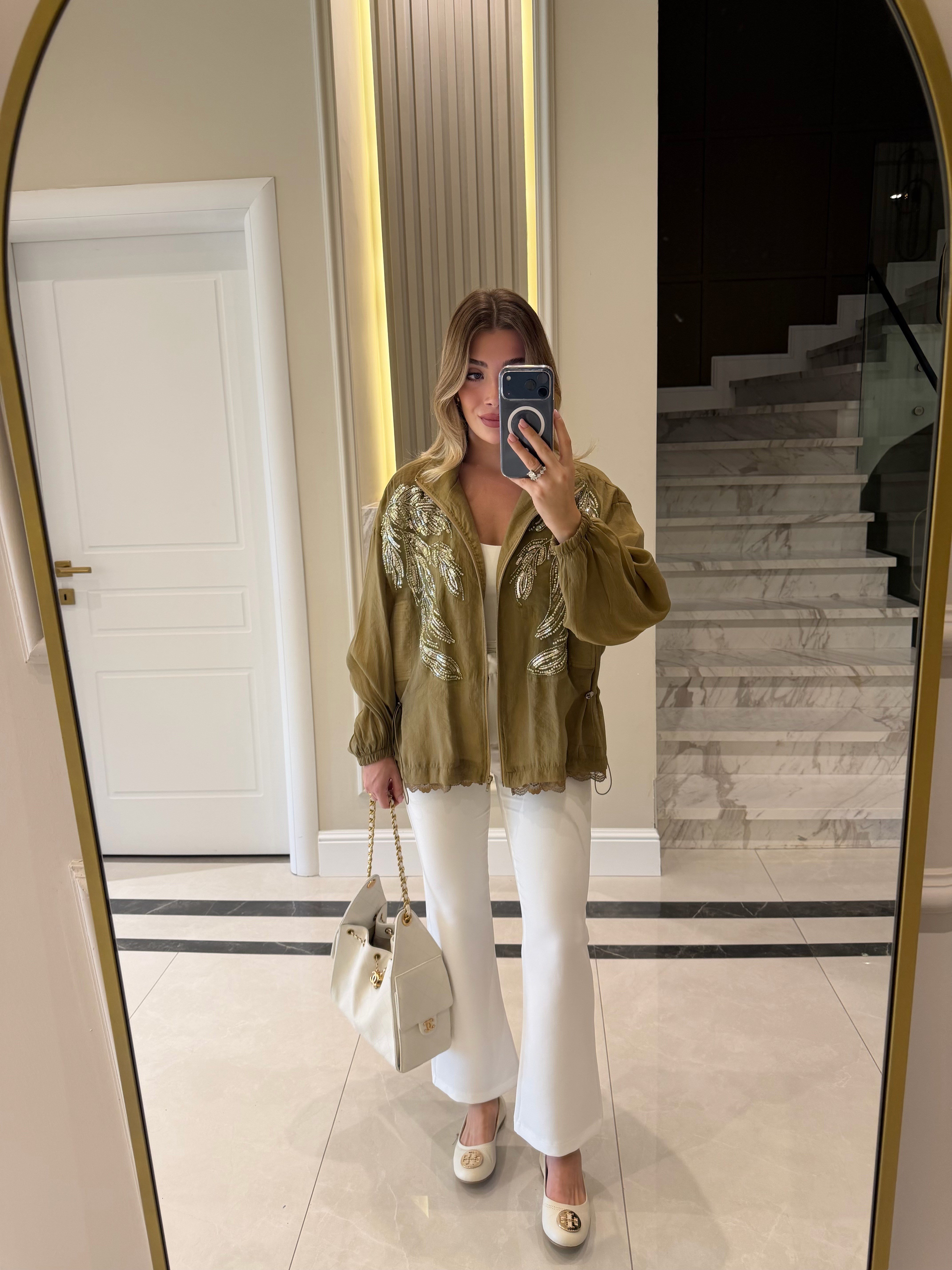 Olive Nakışlı Dik Yakalı Ceket - 9773