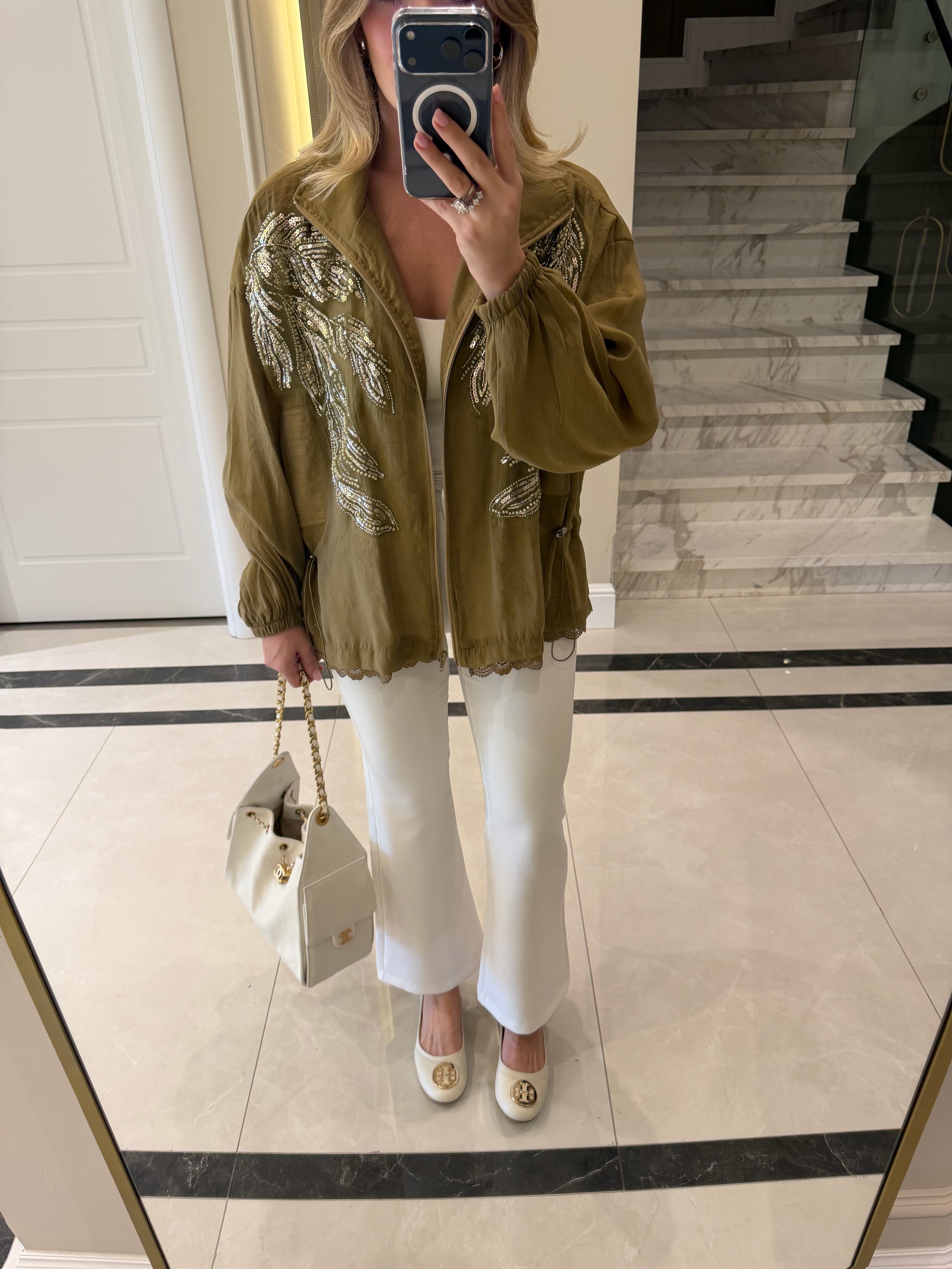 Olive Nakışlı Dik Yakalı Ceket - 9773