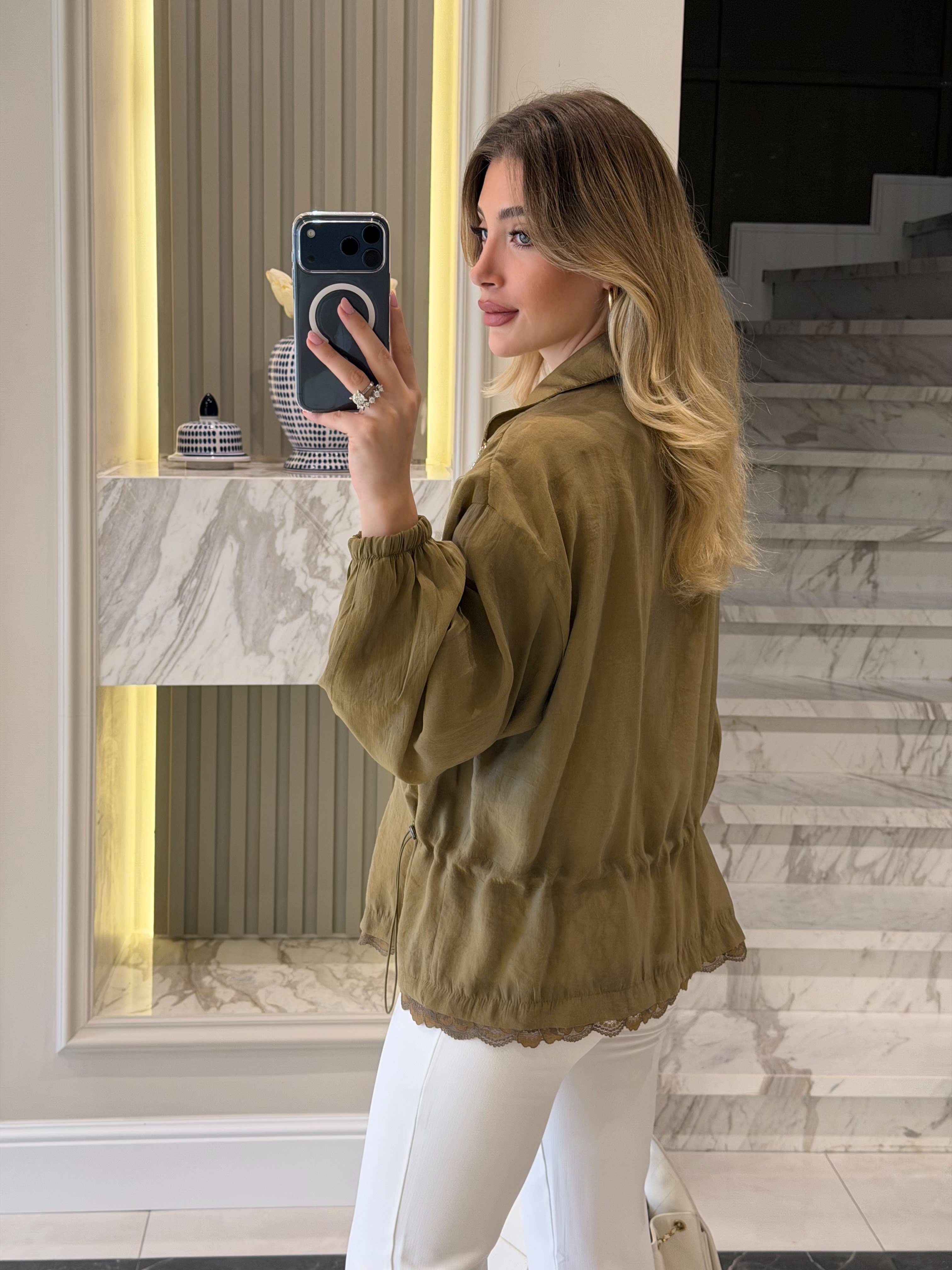 Olive Nakışlı Dik Yakalı Ceket - 9773