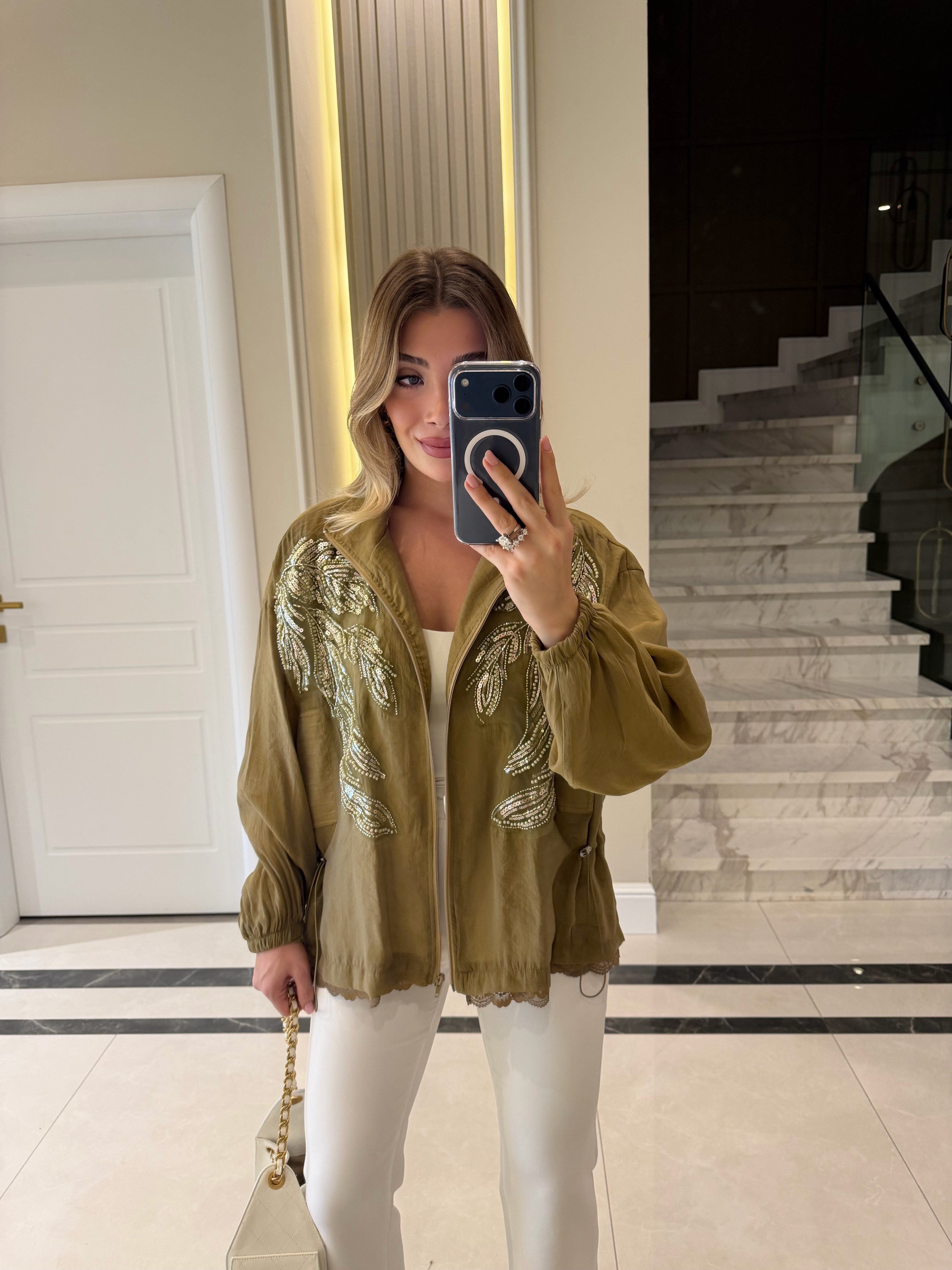 Olive Nakışlı Dik Yakalı Ceket - 9773