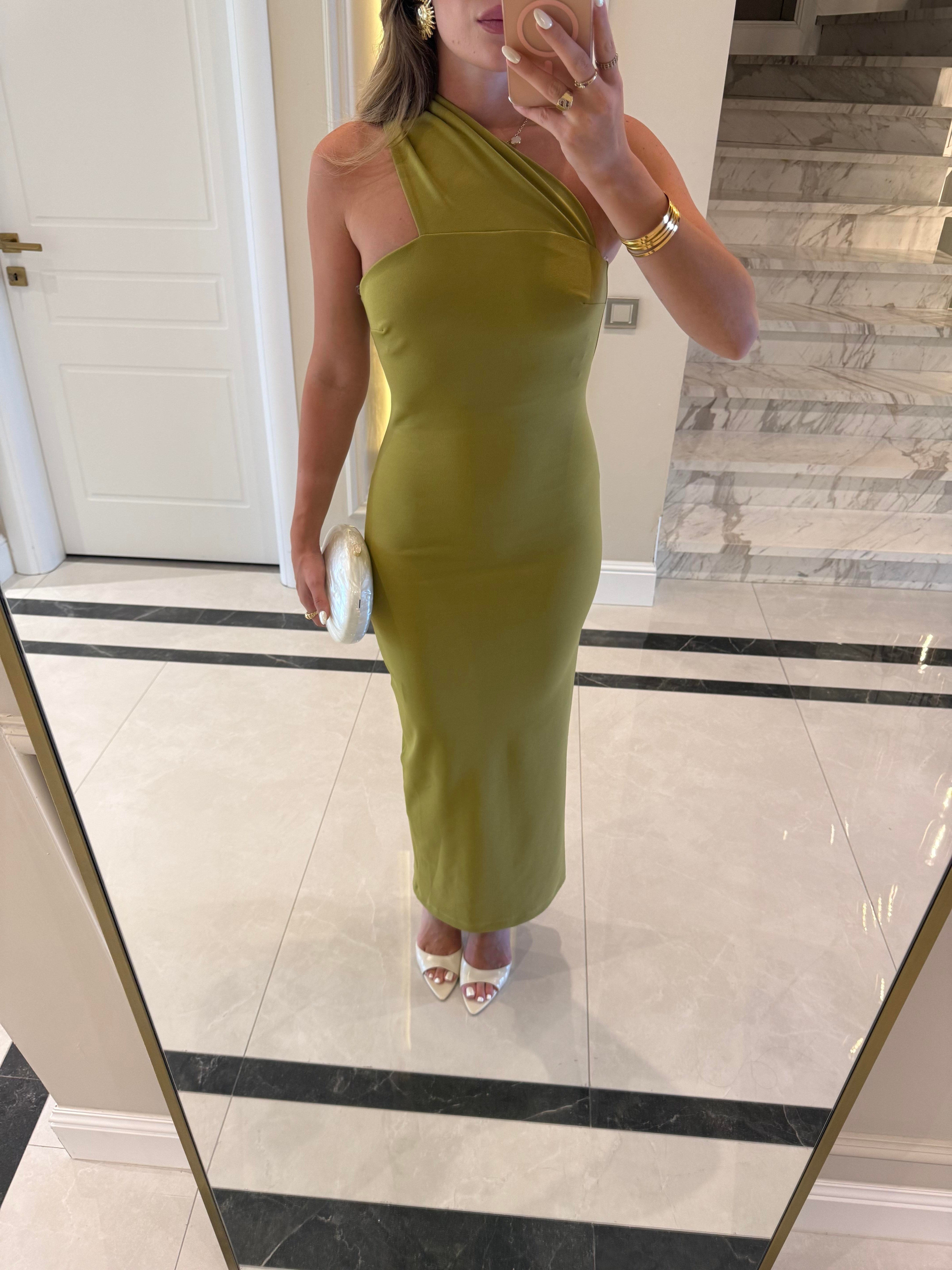 Olive Tek Omuz Midi Boy Elbise