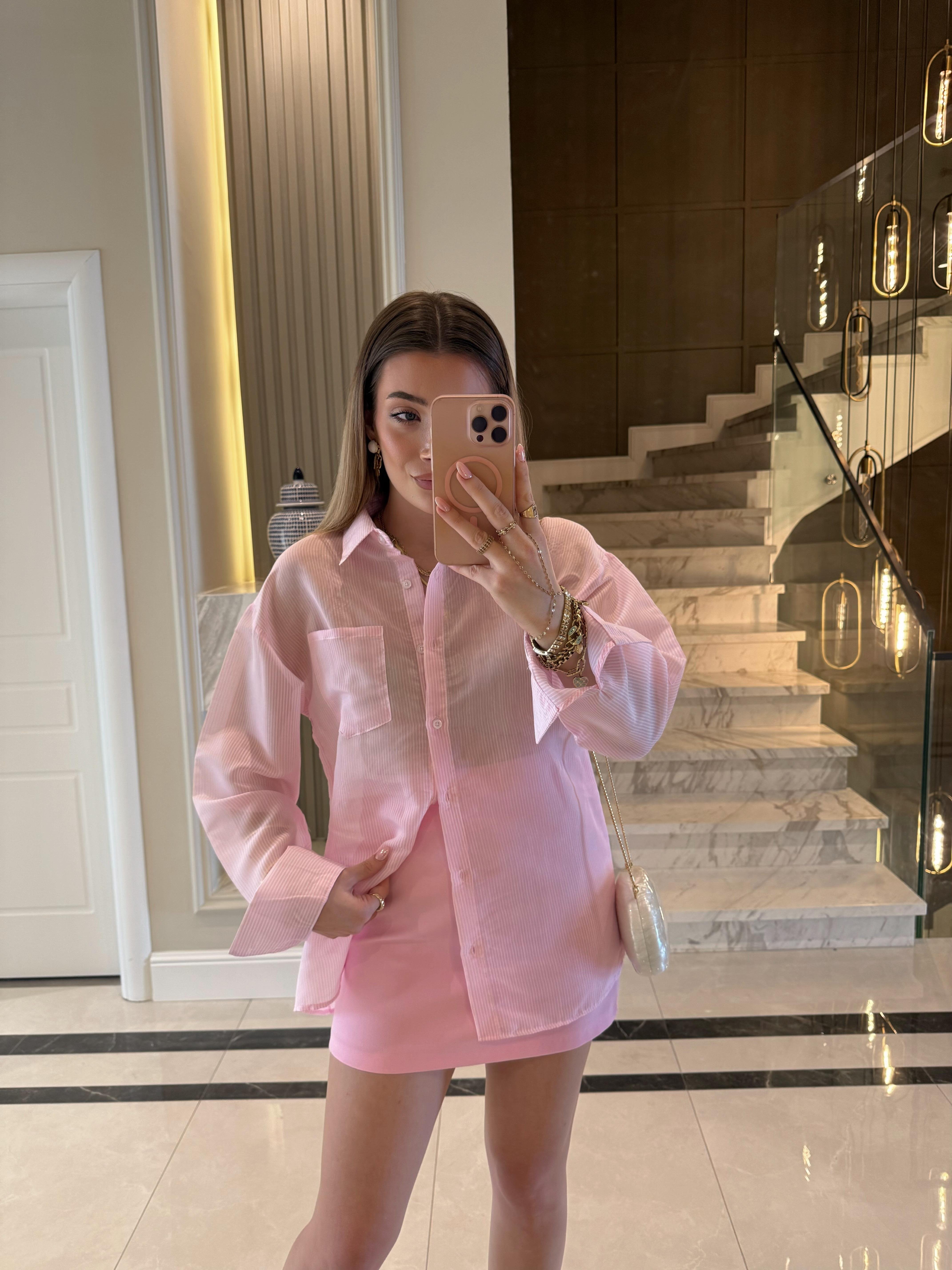Pembe -Beyaz Çizgili Ms Oversize Gömlek 