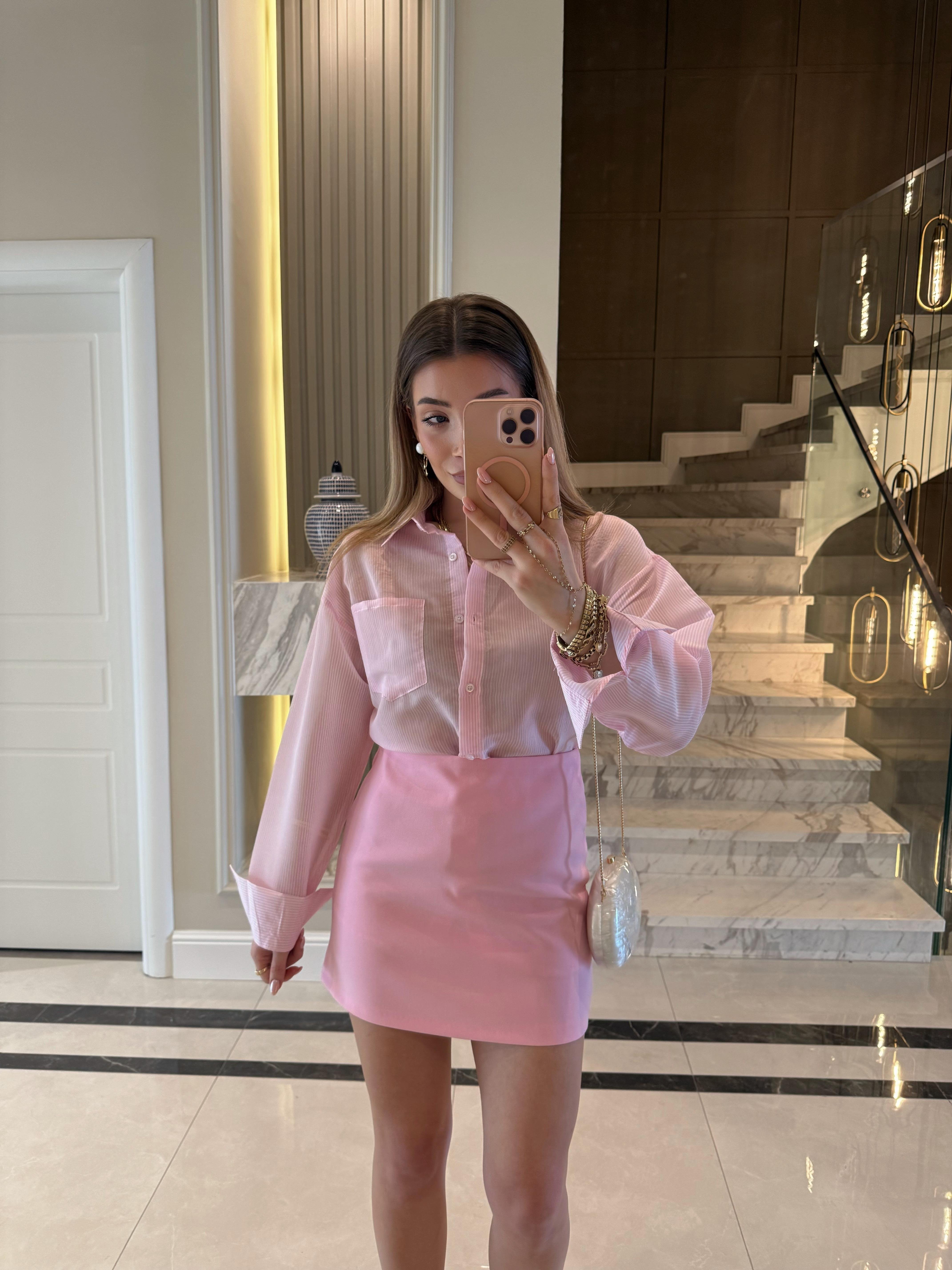 Pembe -Beyaz Çizgili Ms Oversize Gömlek 