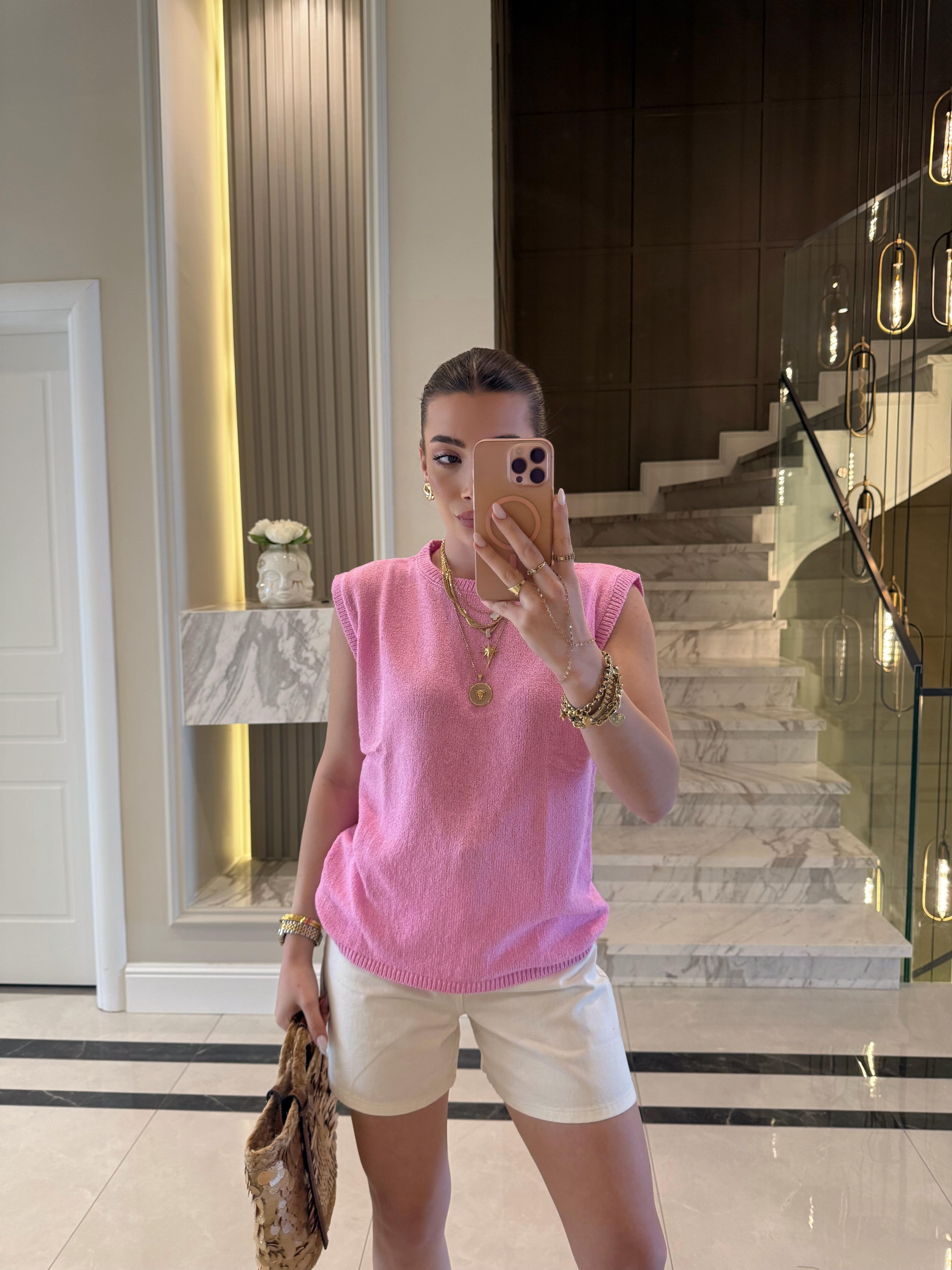 Pembe Bisiklet Yaka  Merserize Bluz Zr