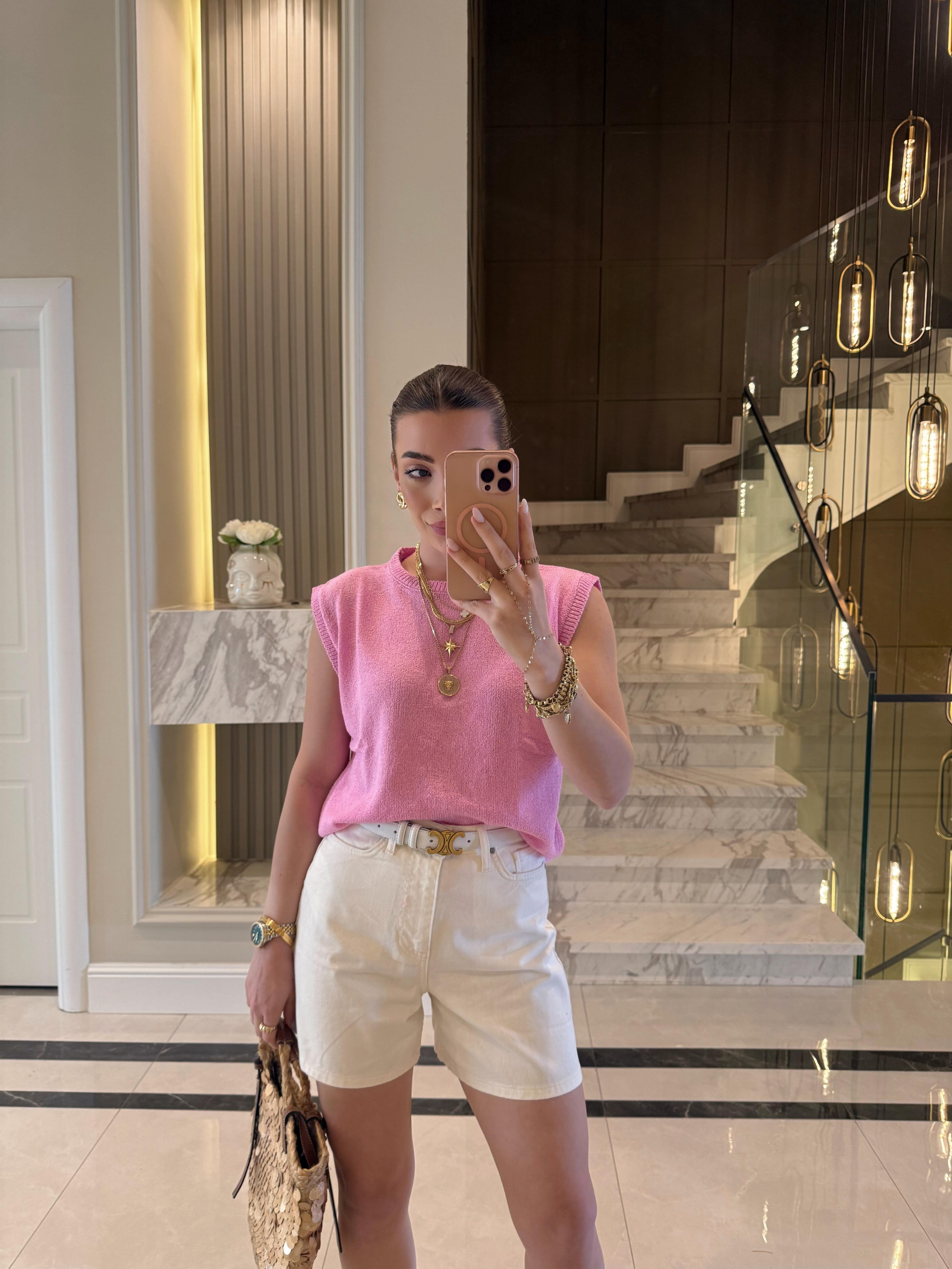 Pembe Bisiklet Yaka  Merserize Bluz Zr