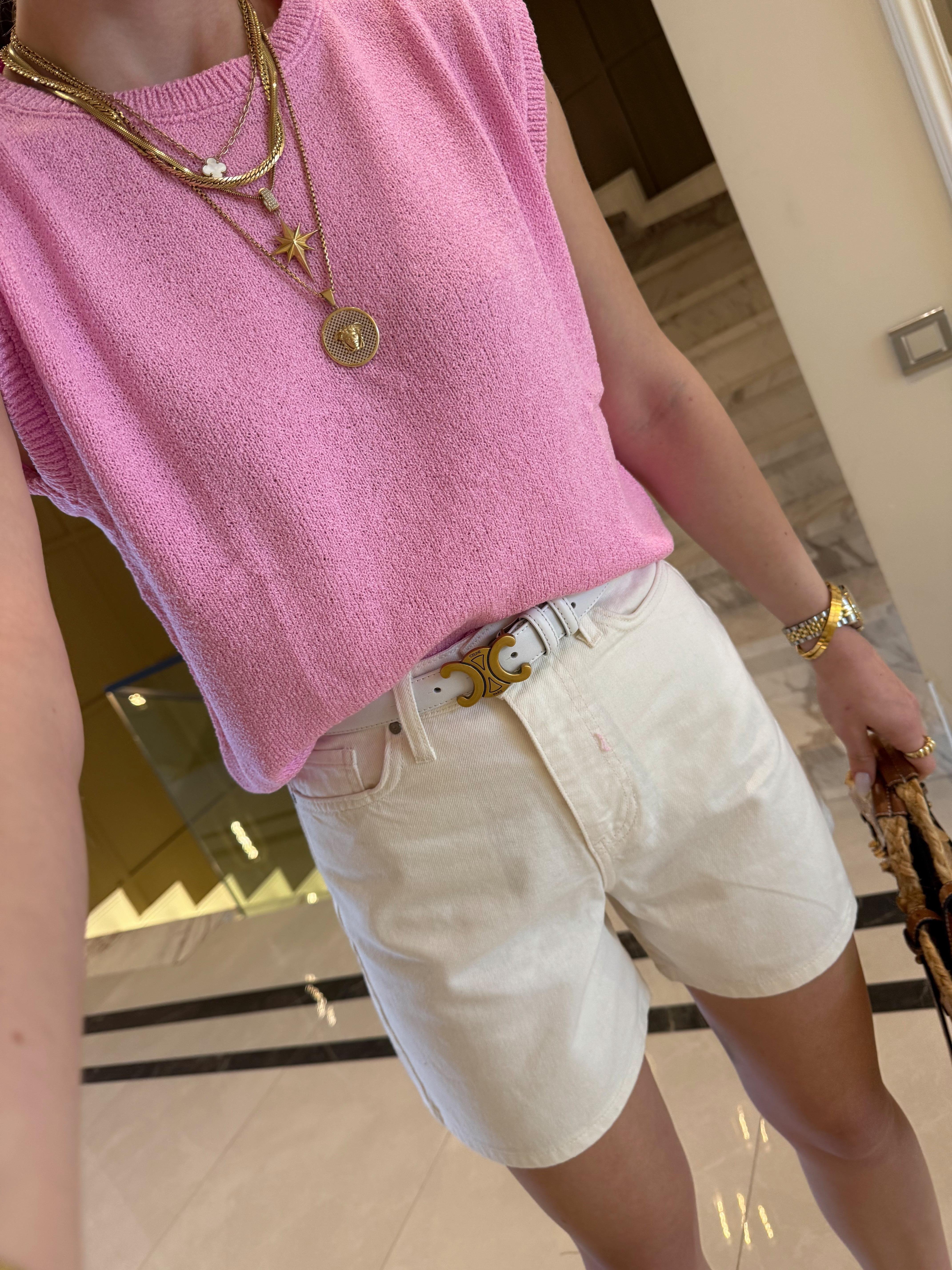 Pembe Bisiklet Yaka  Merserize Bluz Zr