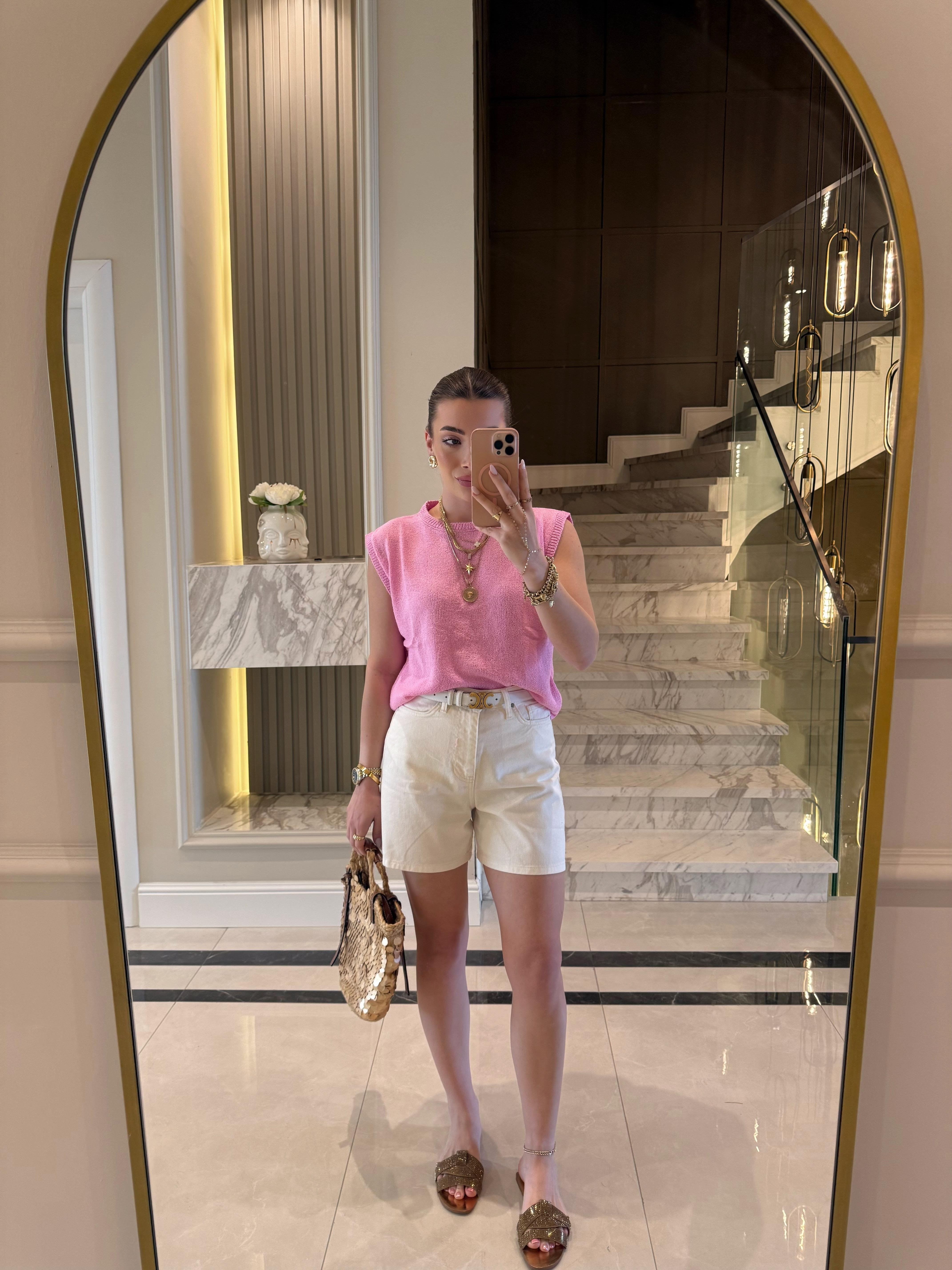 Pembe Bisiklet Yaka  Merserize Bluz Zr