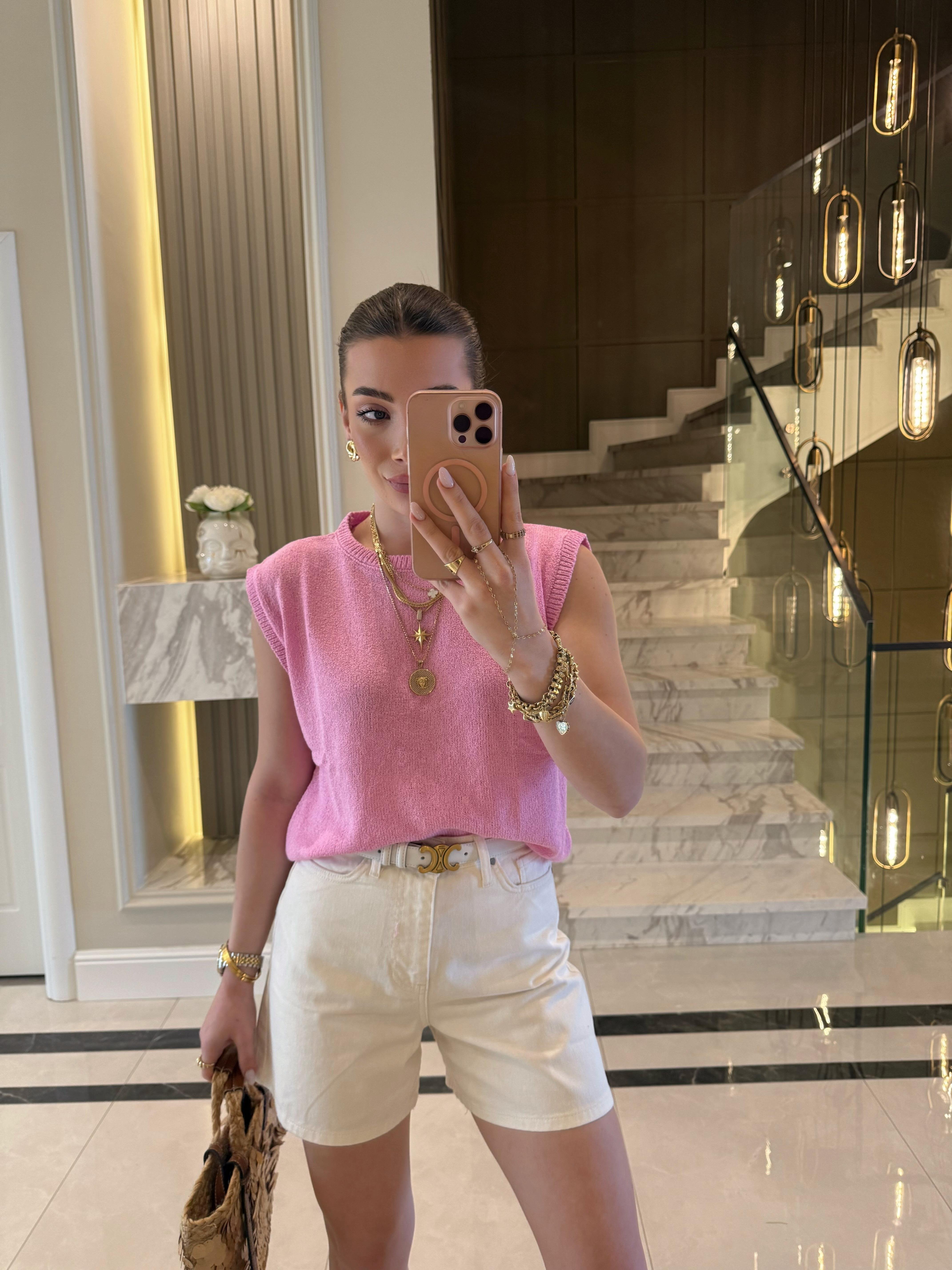 Pembe Bisiklet Yaka  Merserize Bluz Zr