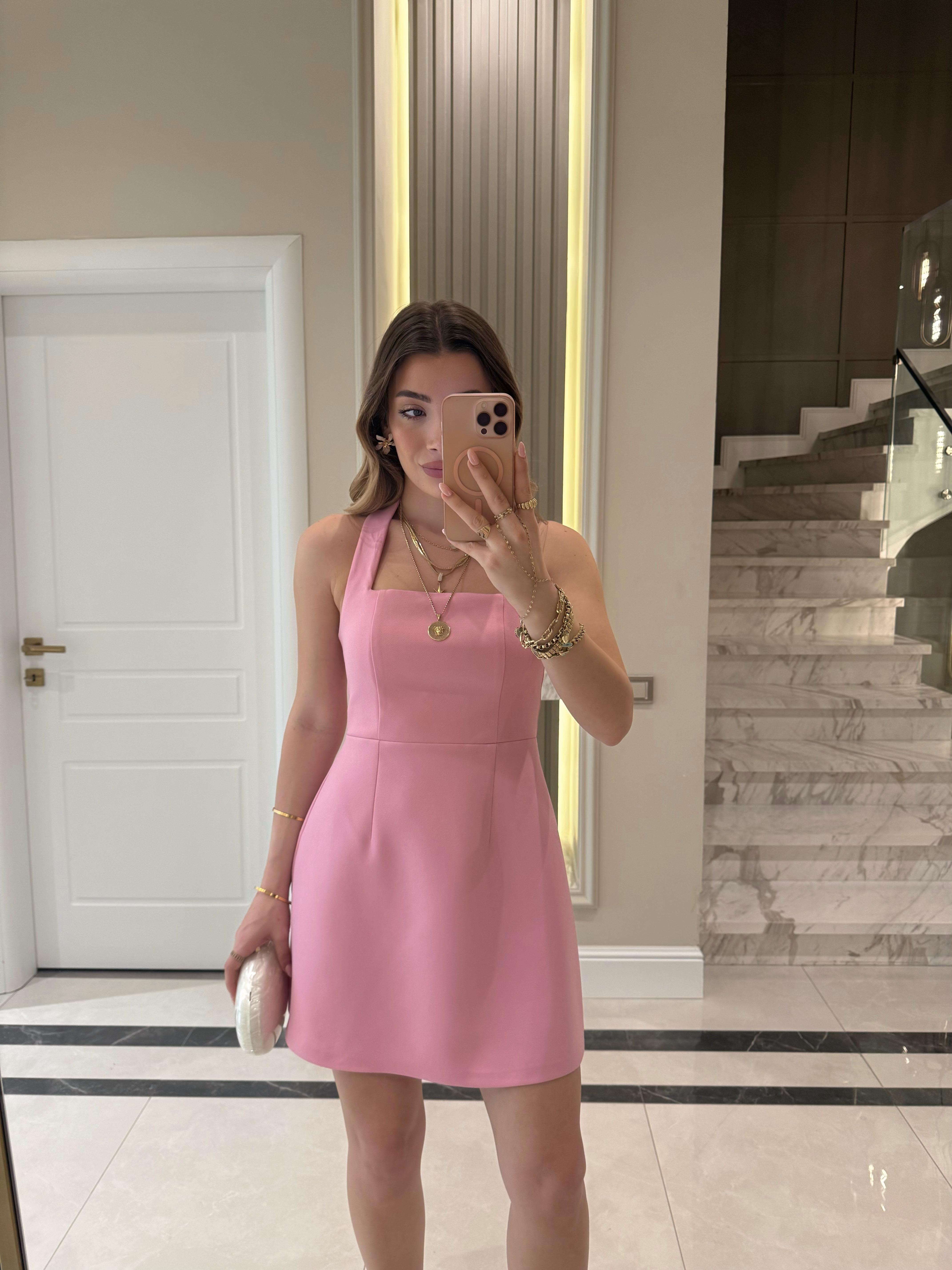 Pembe  Boyundan Askılı Mini Elbise