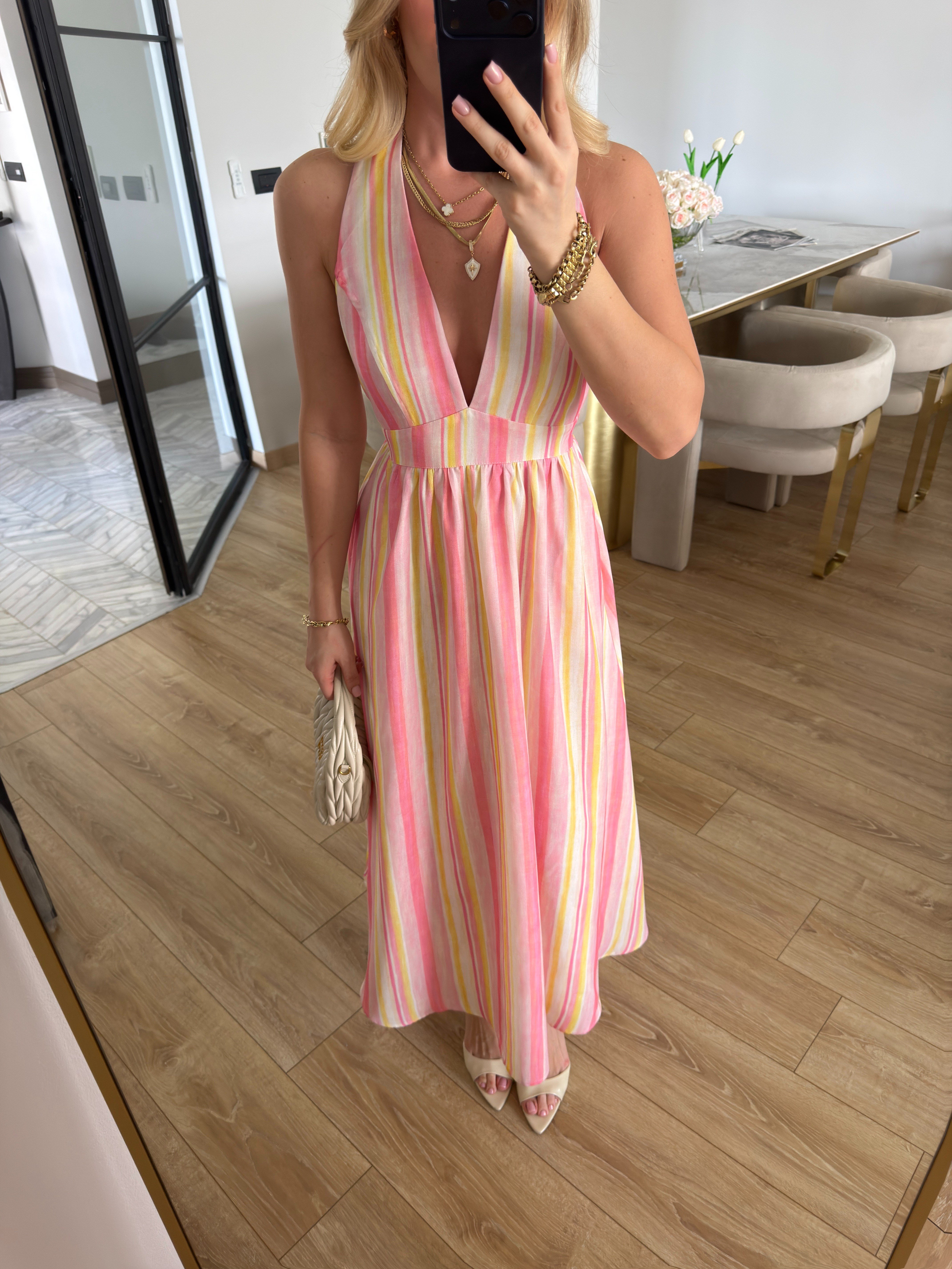 Pembe Çizgili Boyundan Bağlamalı Midi Boy Elbise-2251
