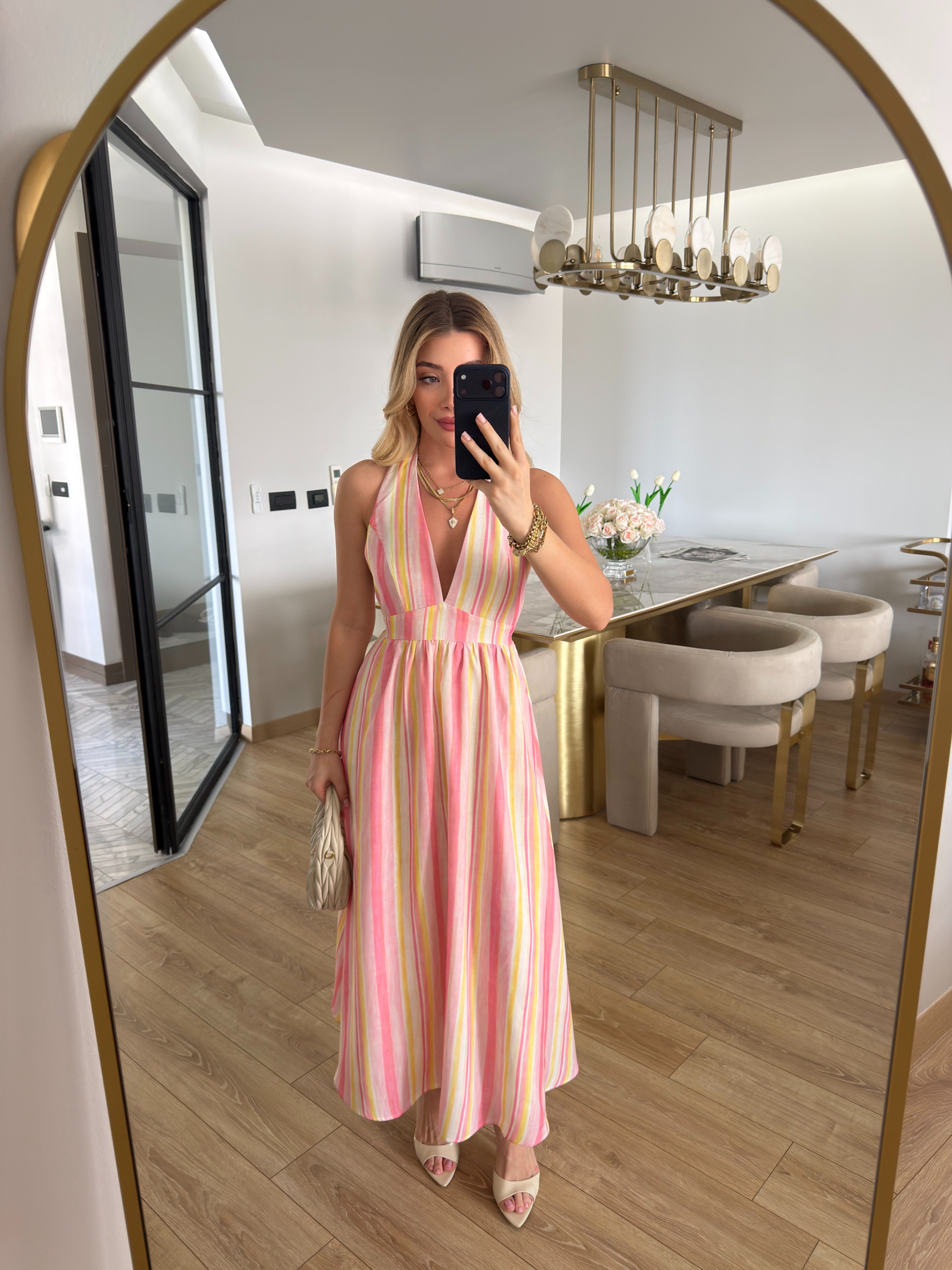 Pembe Çizgili Boyundan Bağlamalı Midi Boy Elbise-2251