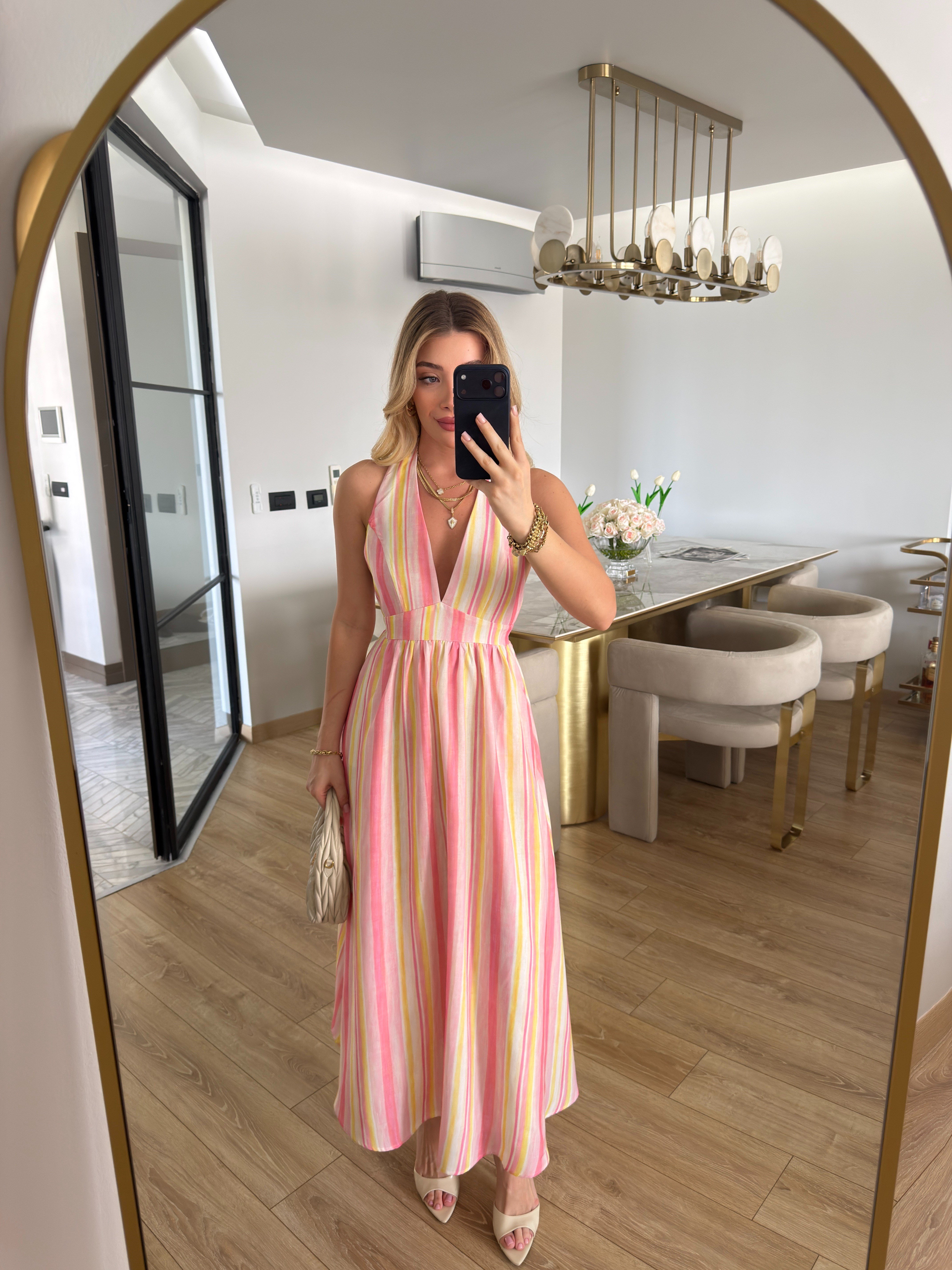 Pembe Çizgili Boyundan Bağlamalı Midi Boy Elbise-2251