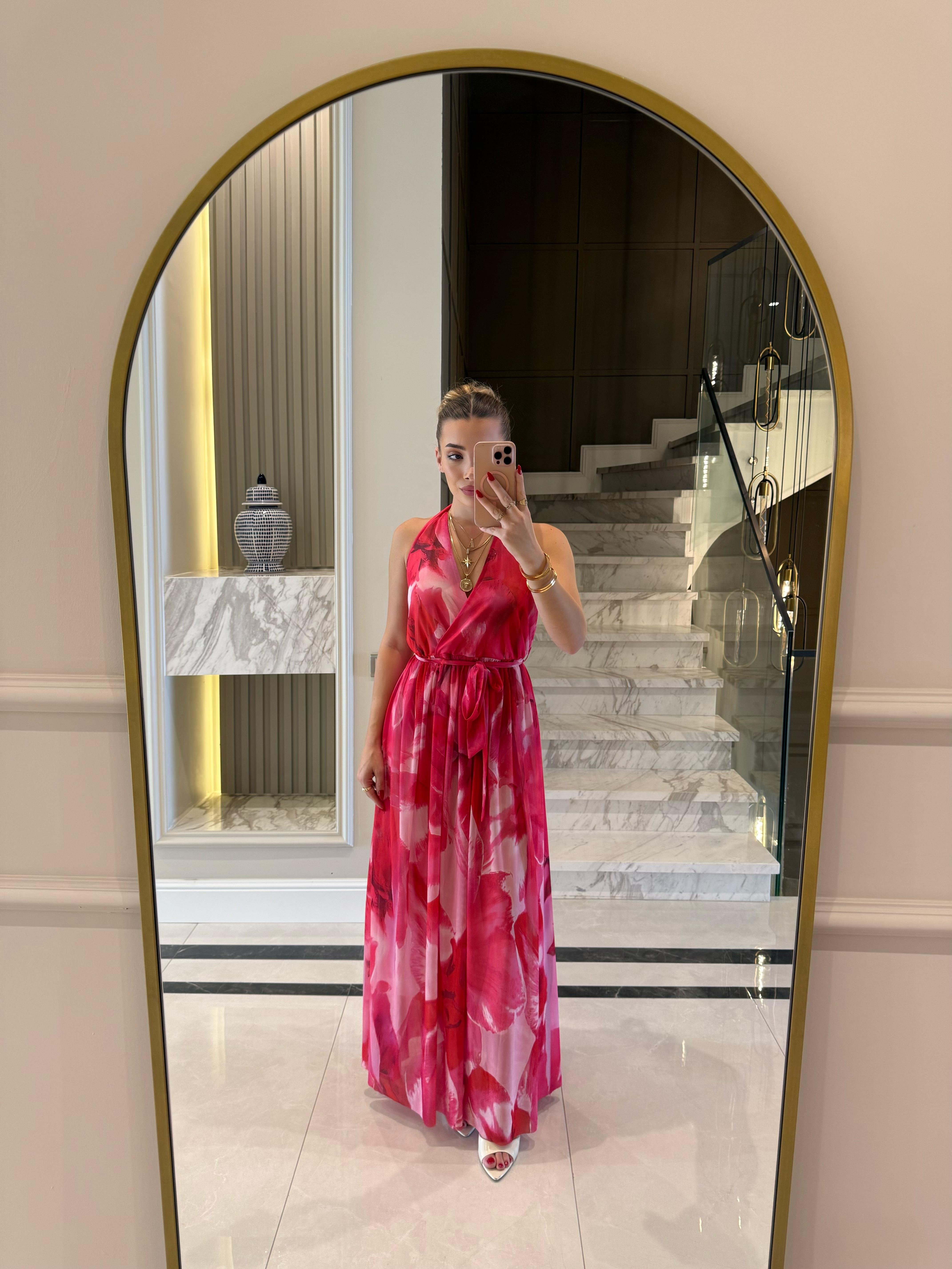 Pembe Desenli Comilla Elbise