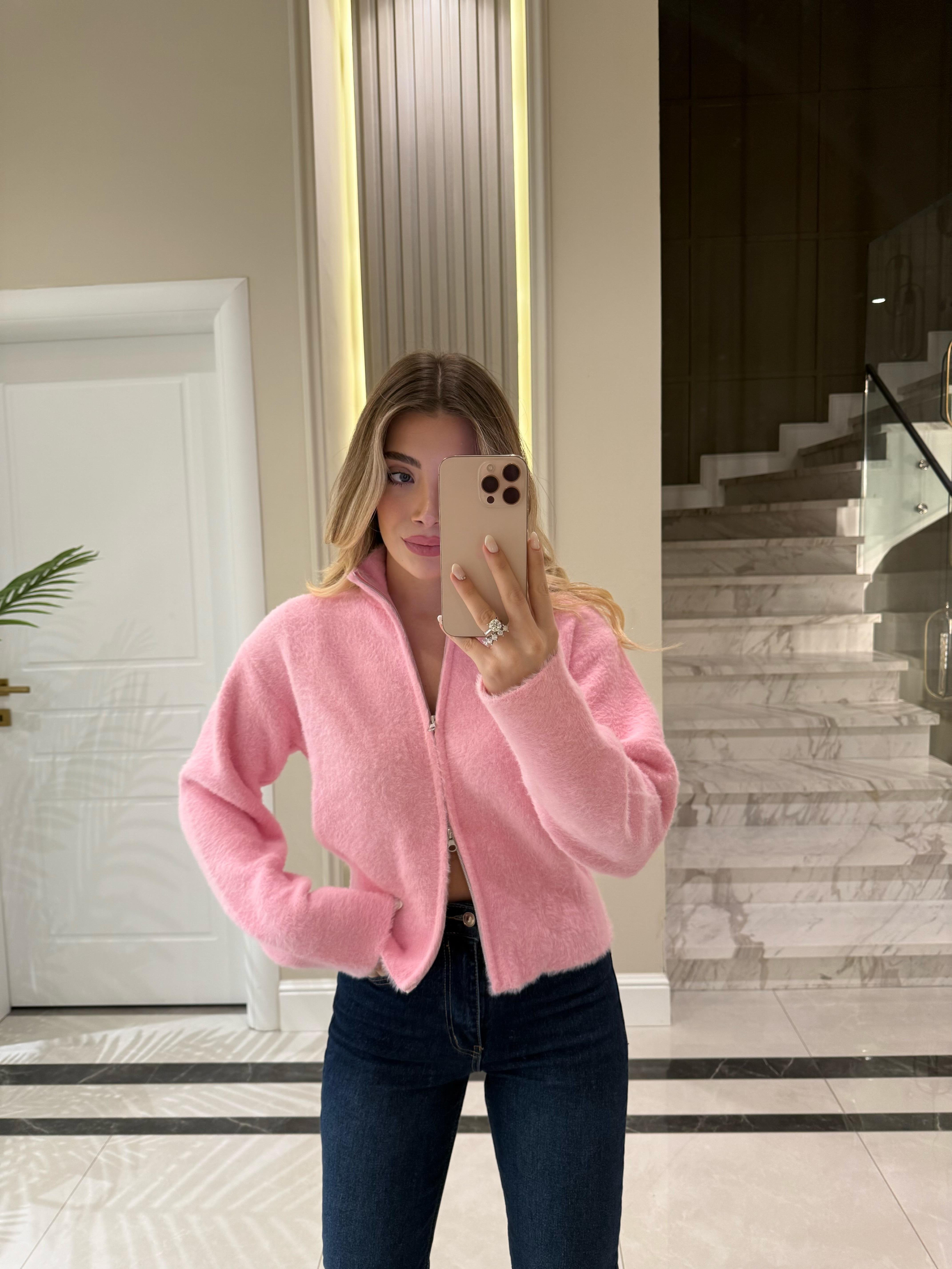 Pembe Fermuarlı Tüylü Hırka-1102