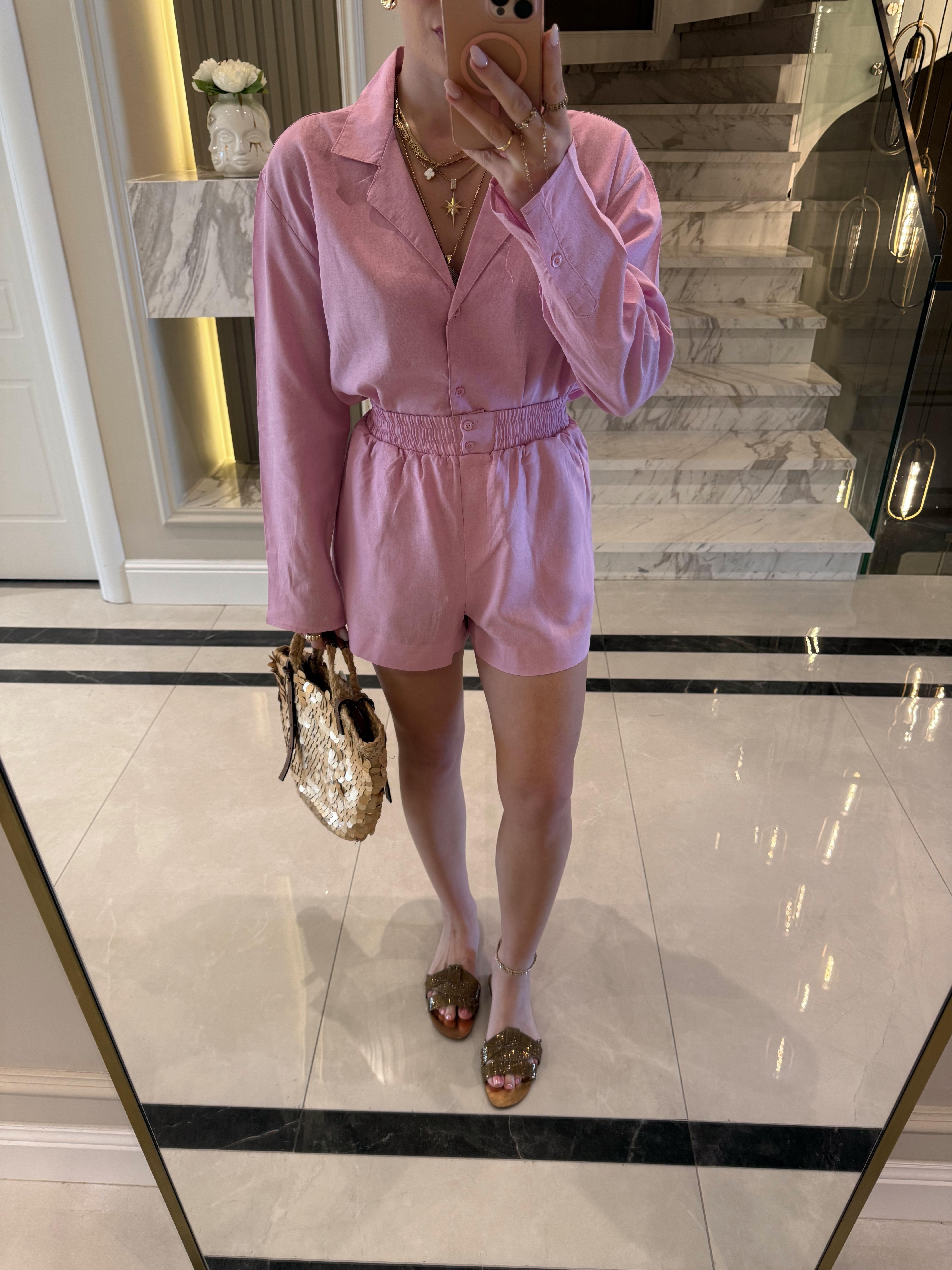 Pembe Ham Keten Gömlek Şort Massi İkili Takım