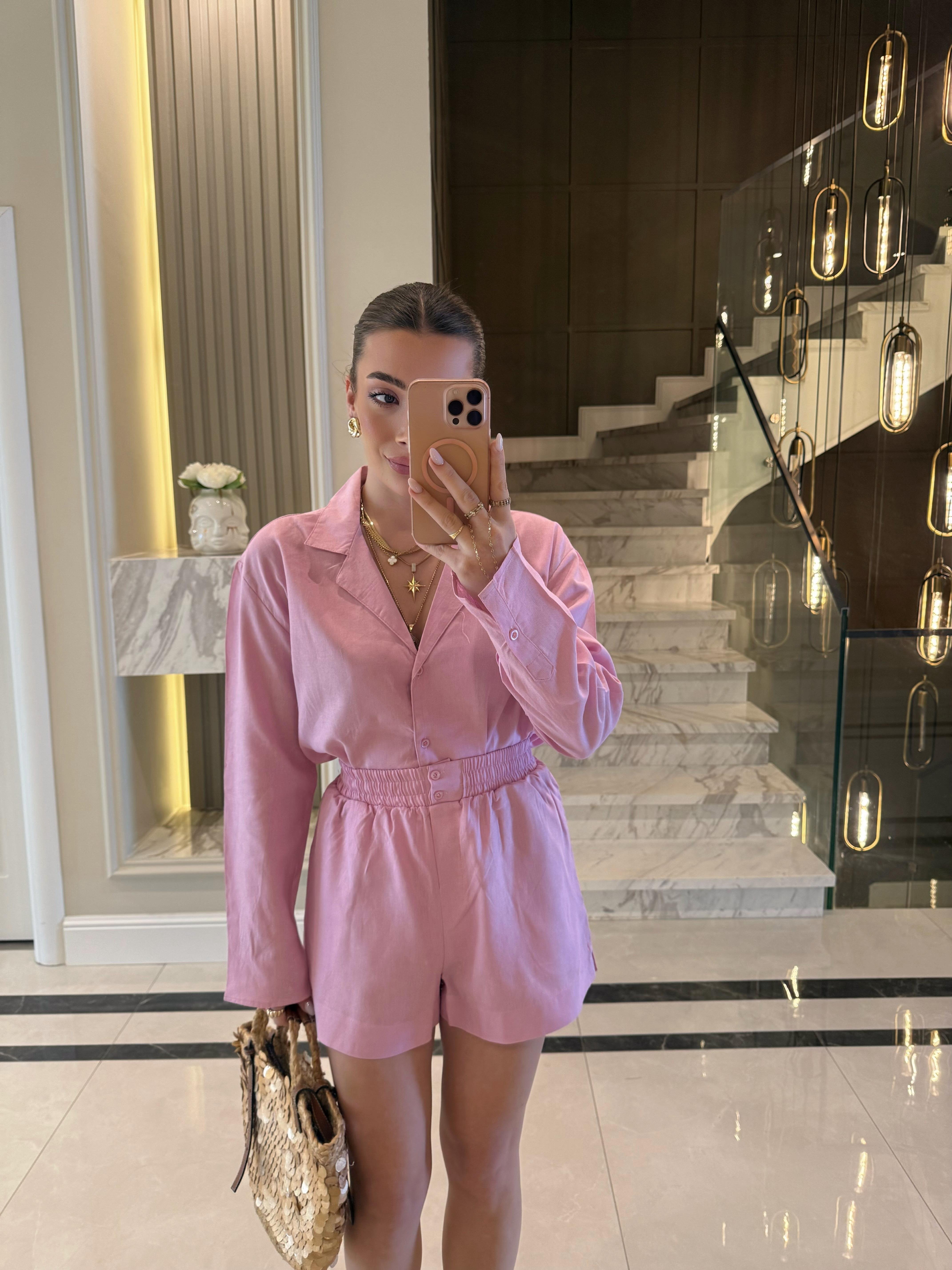 Pembe Ham Keten Gömlek Şort Massi İkili Takım