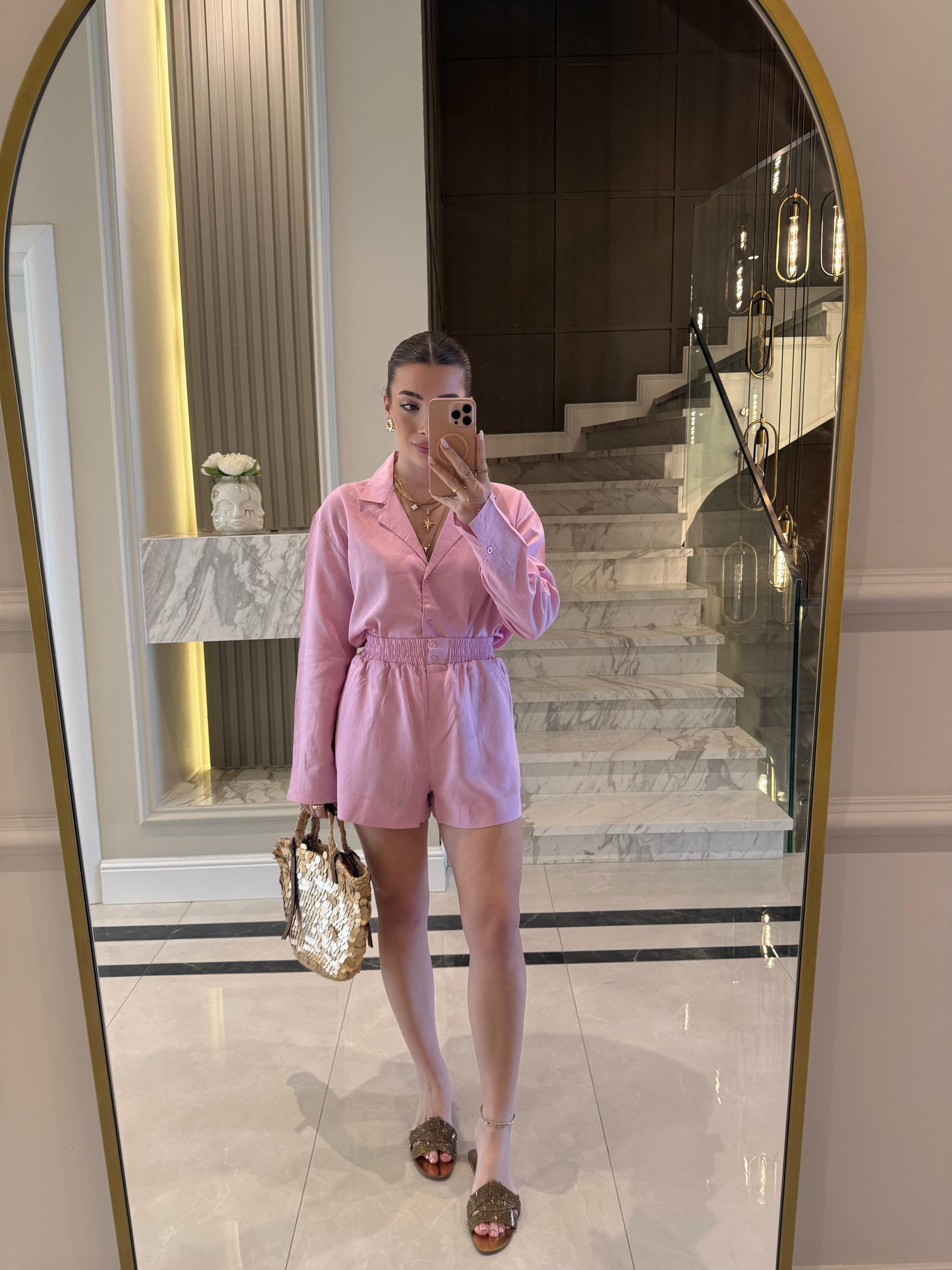 Pembe Ham Keten Gömlek Şort Massi İkili Takım