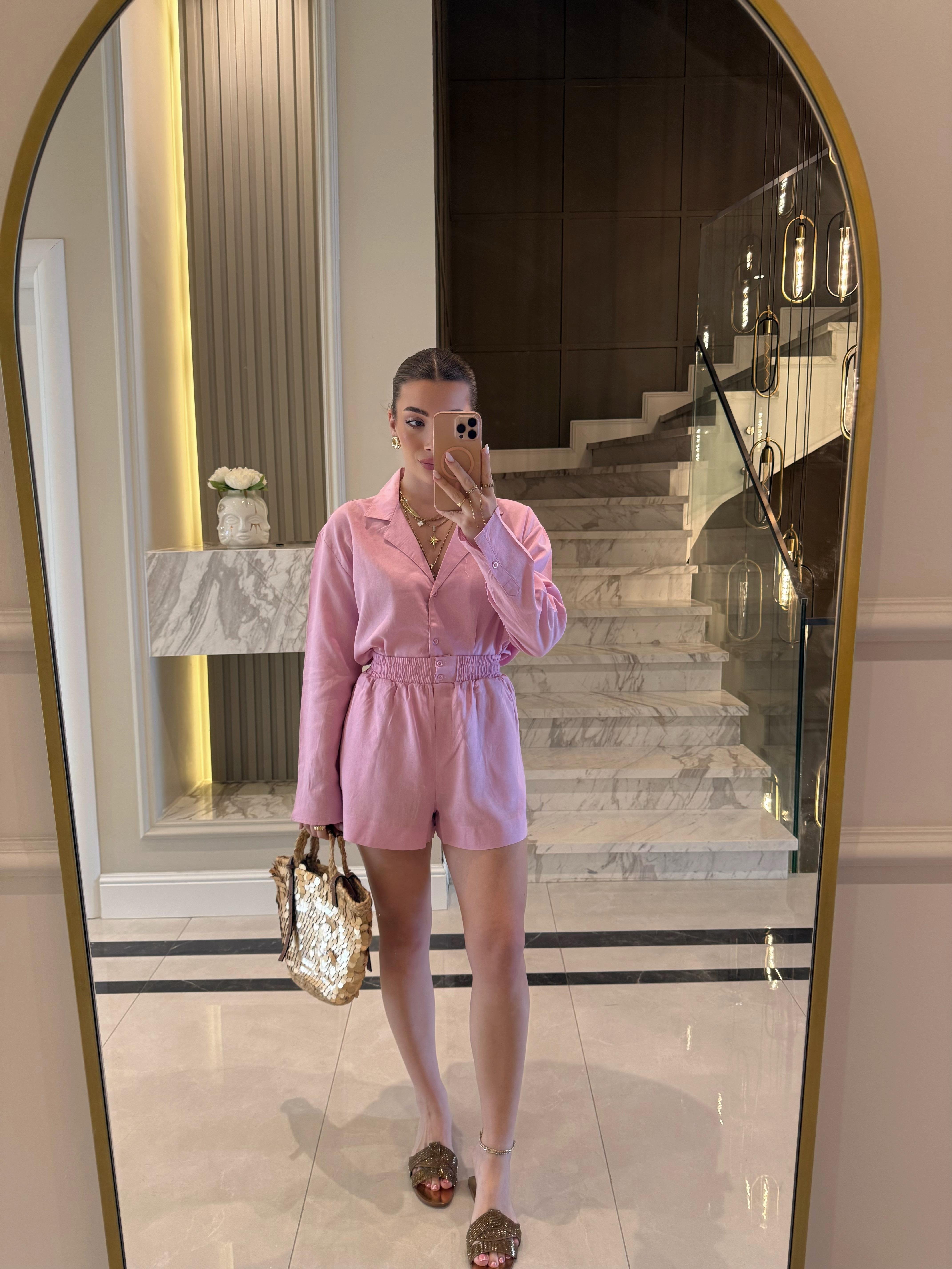Pembe Ham Keten Gömlek Şort Massi İkili Takım