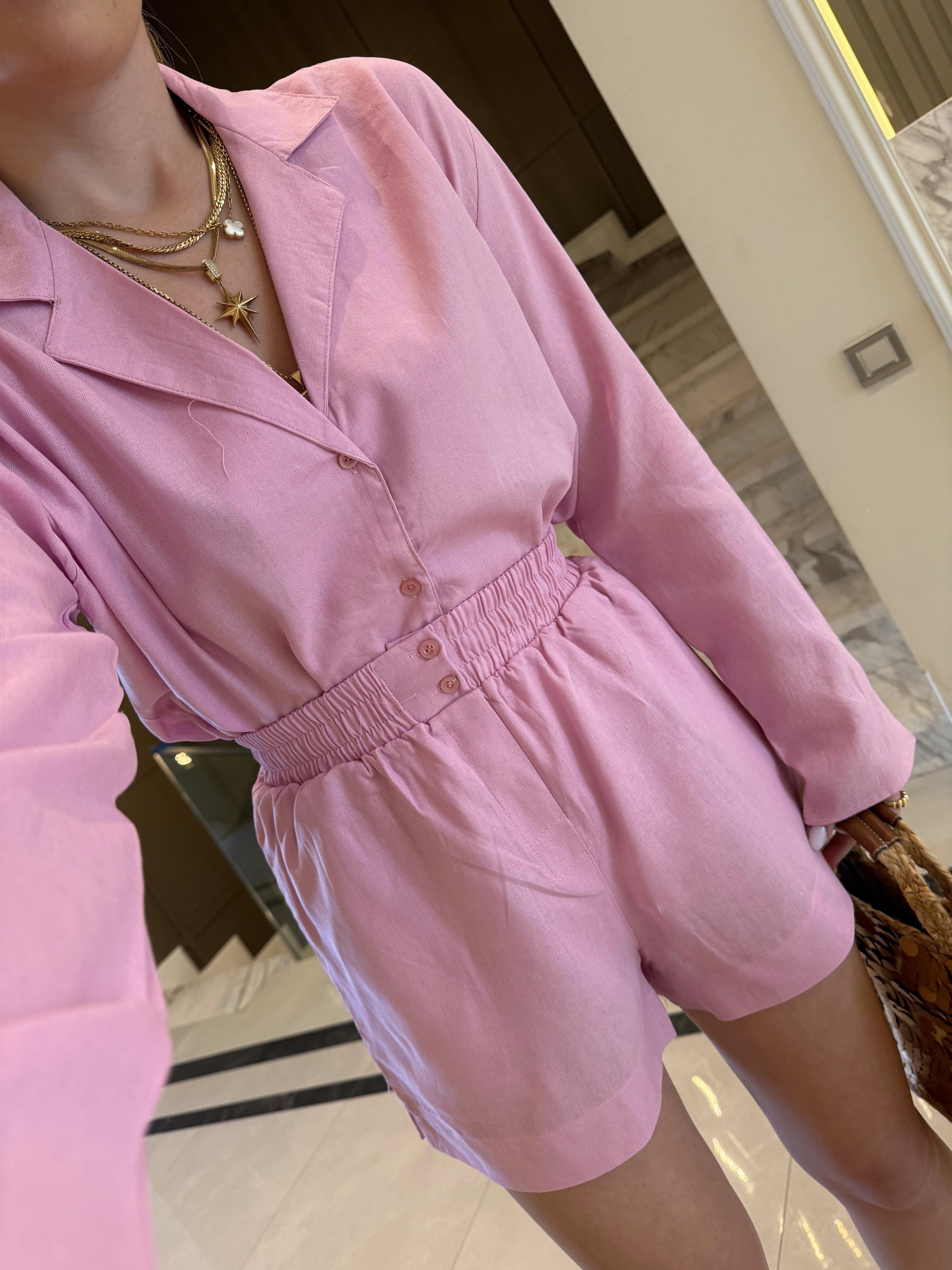 Pembe Ham Keten Gömlek Şort Massi İkili Takım