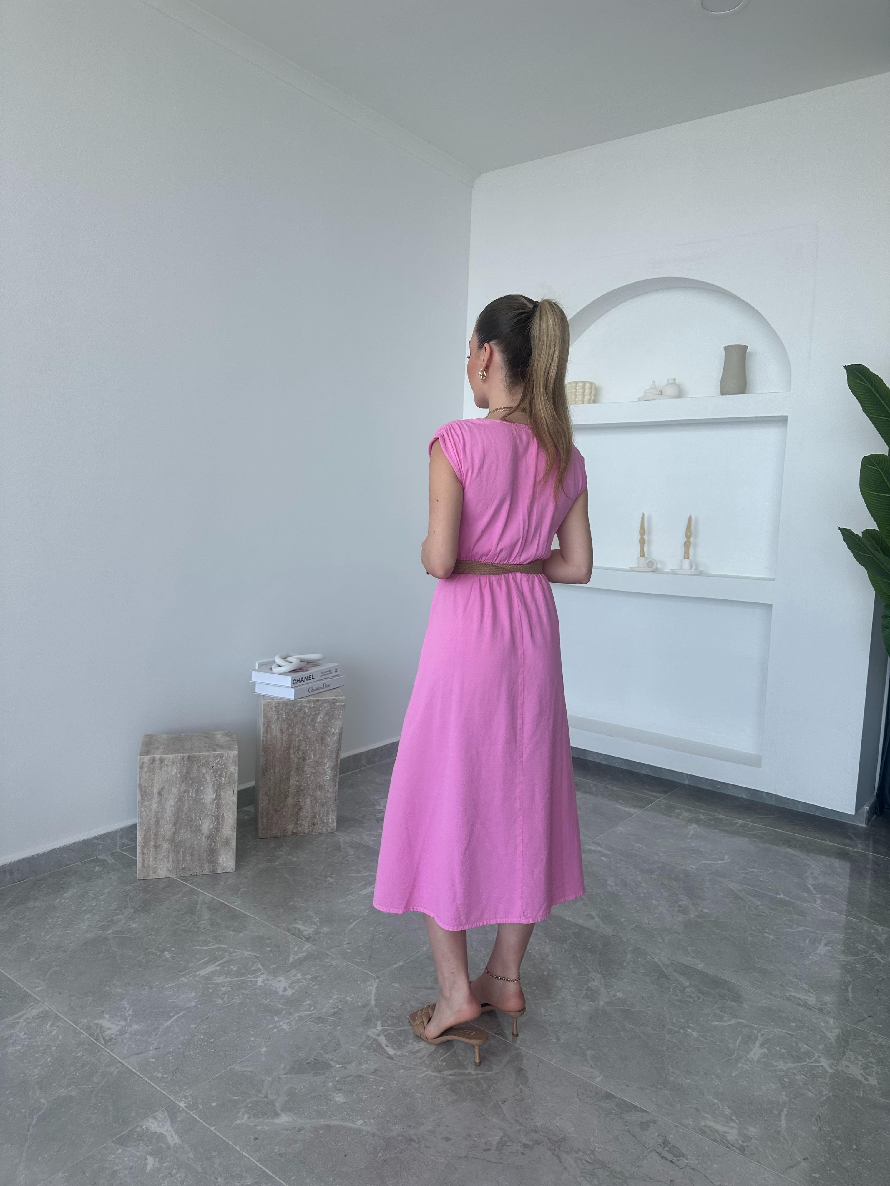 Pembe Hasır Kemerli Kruvaze Elbise