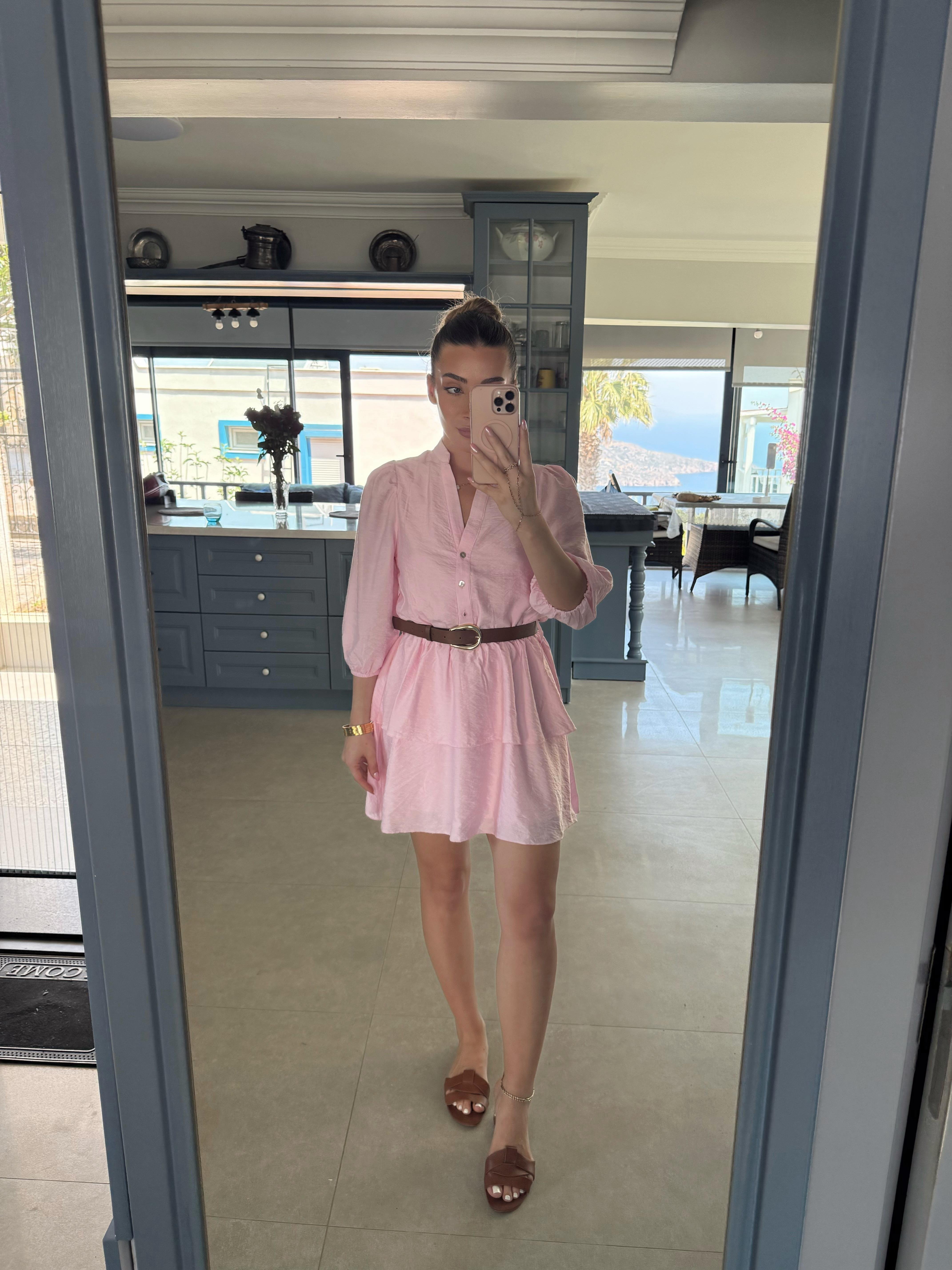 Pembe Kemerli Katlı Elbise-251068
