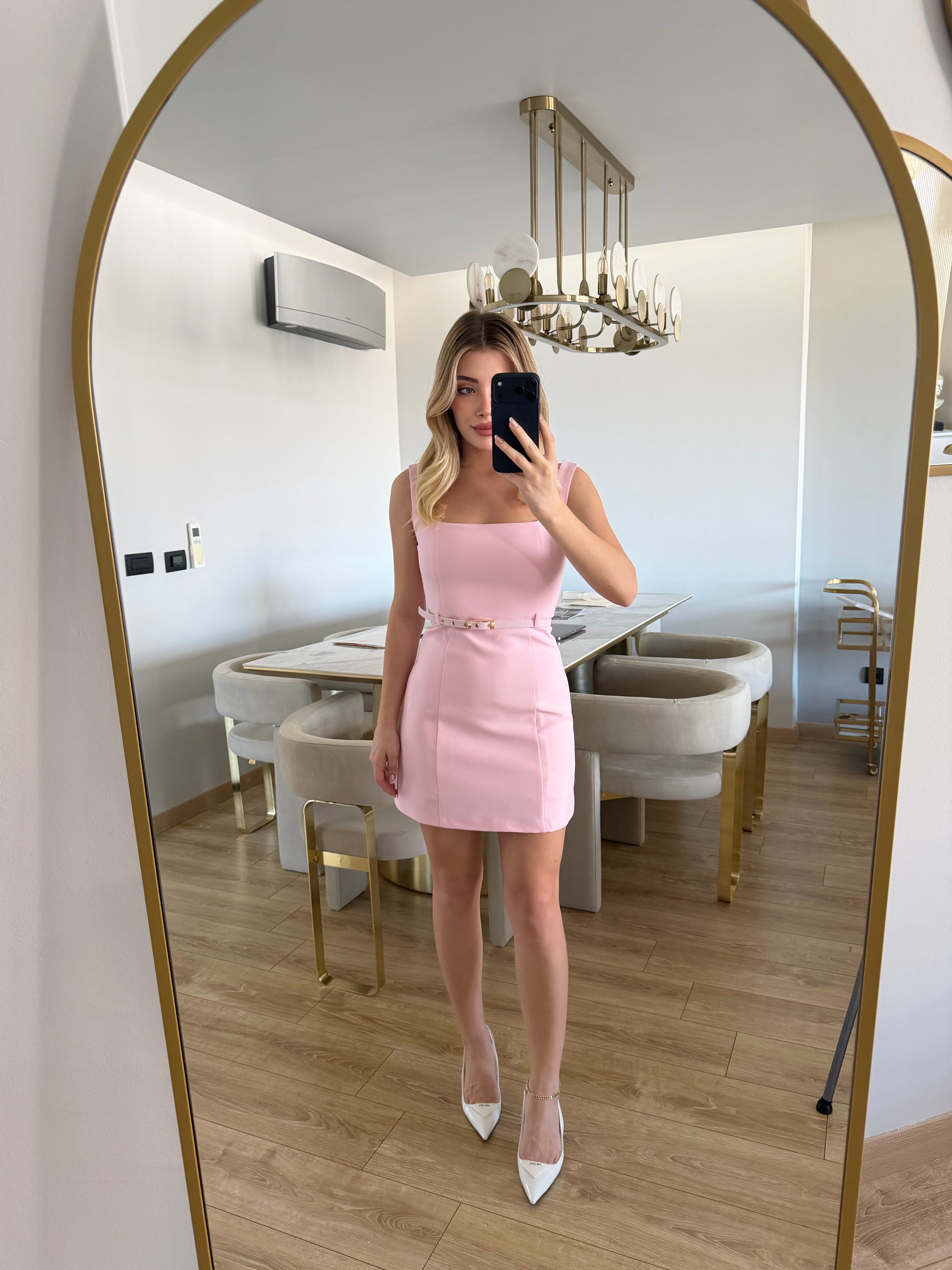 Pembe Kemerli Mini Elbise-12419